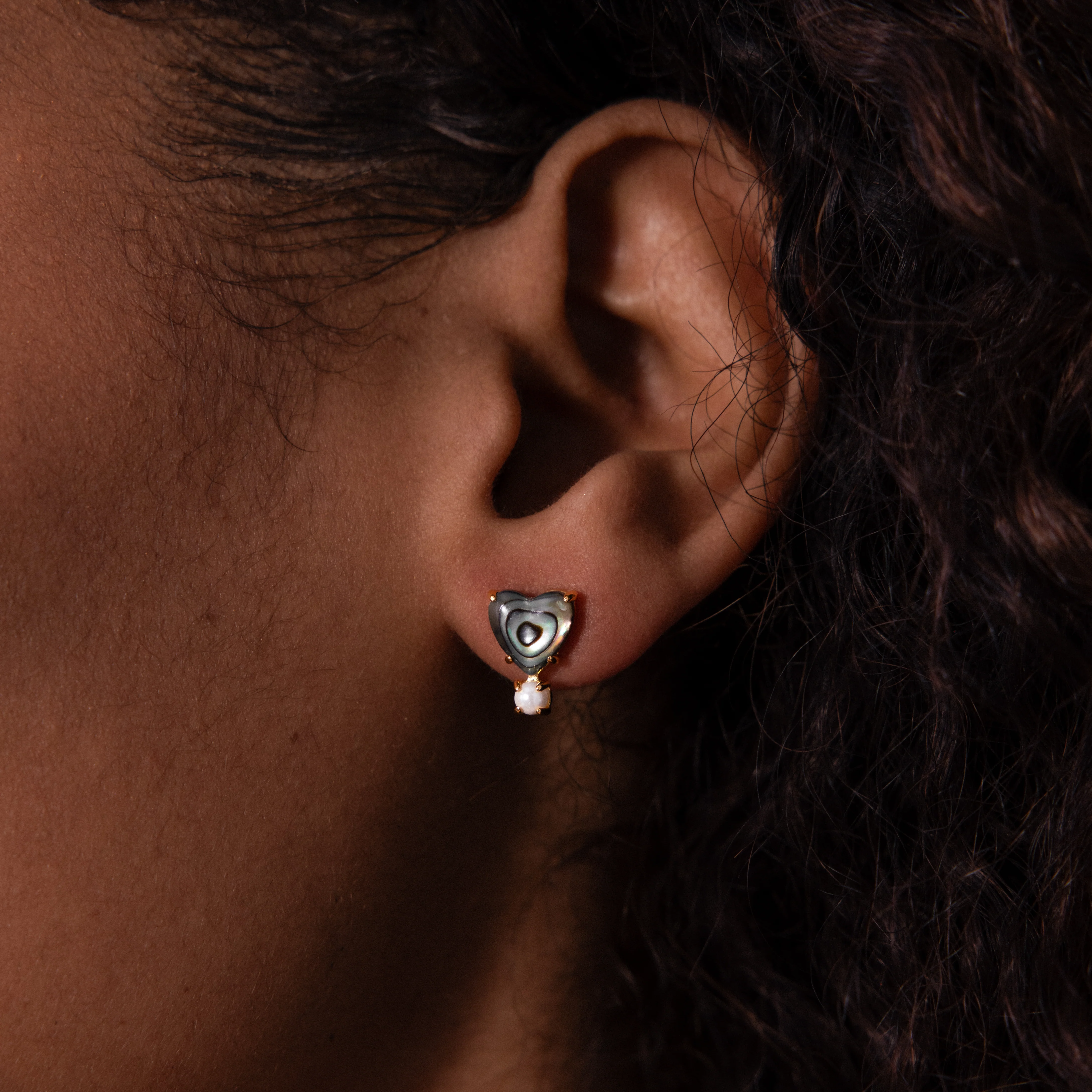 Abalone Pearl Heart Studs in 18K Gold - Image 2