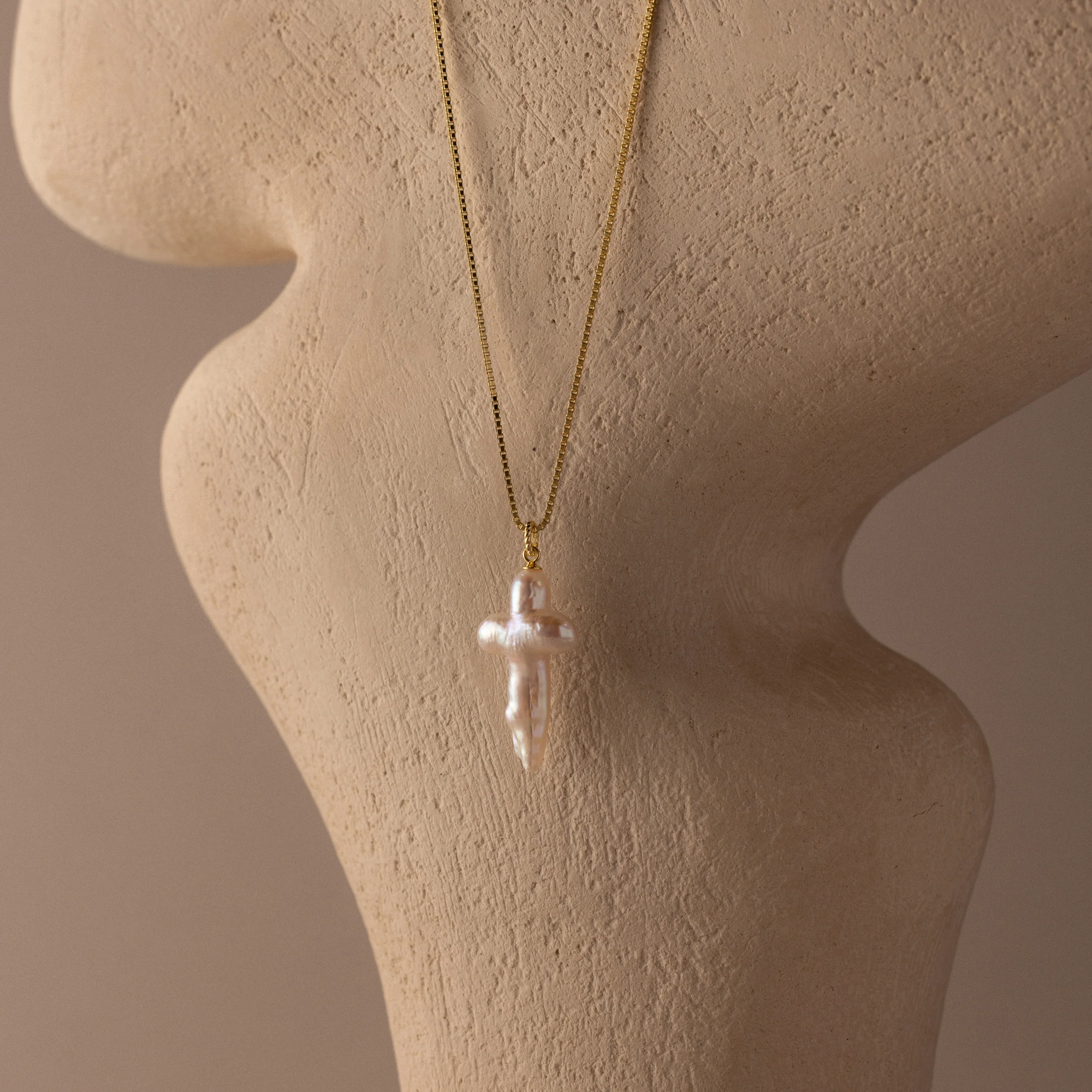 Baroque Pearl Cross Necklace in 18K Gold - Image 5