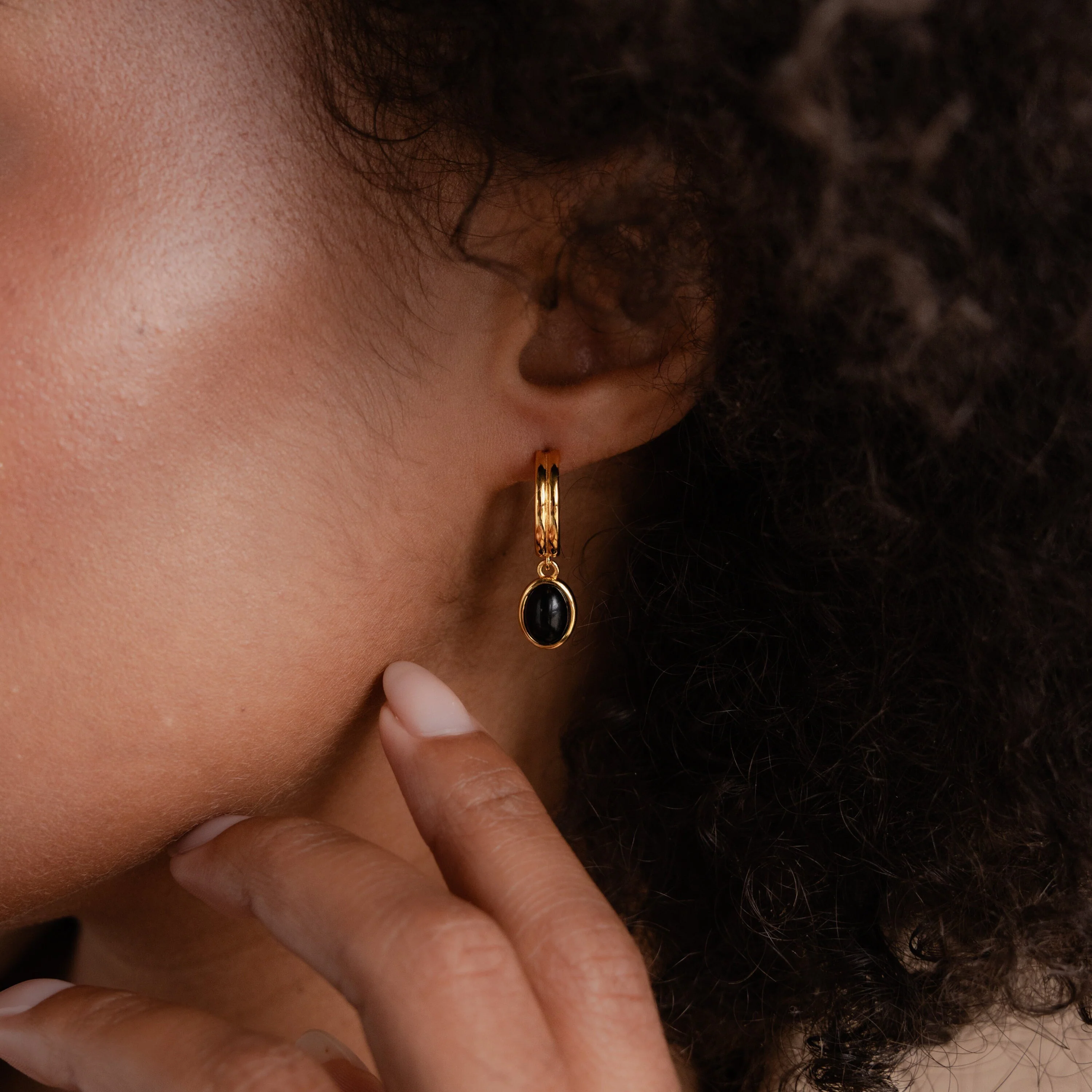 Black Gemstone Drop Hoops - Image 2