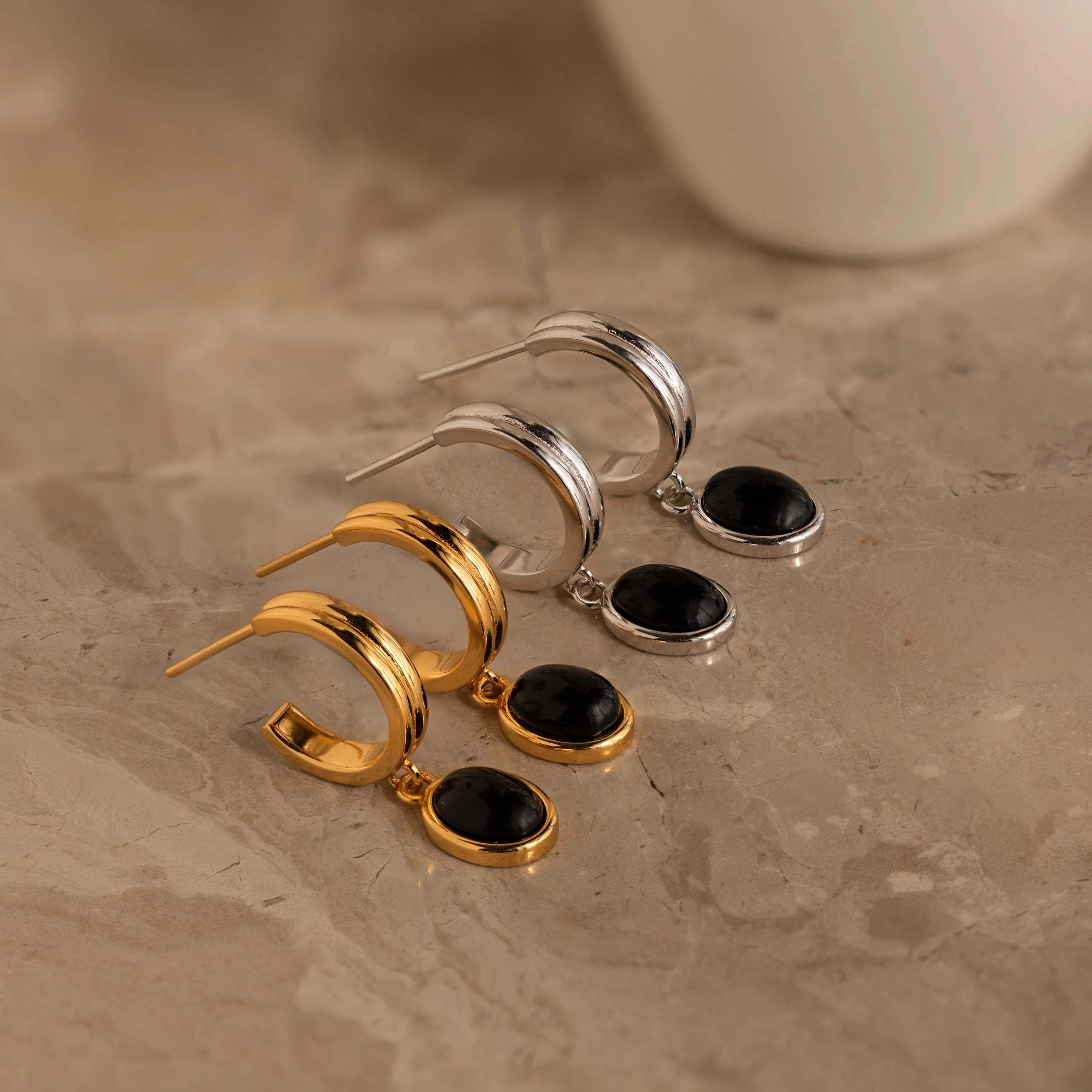 Black Gemstone Drop Hoops - Image 3