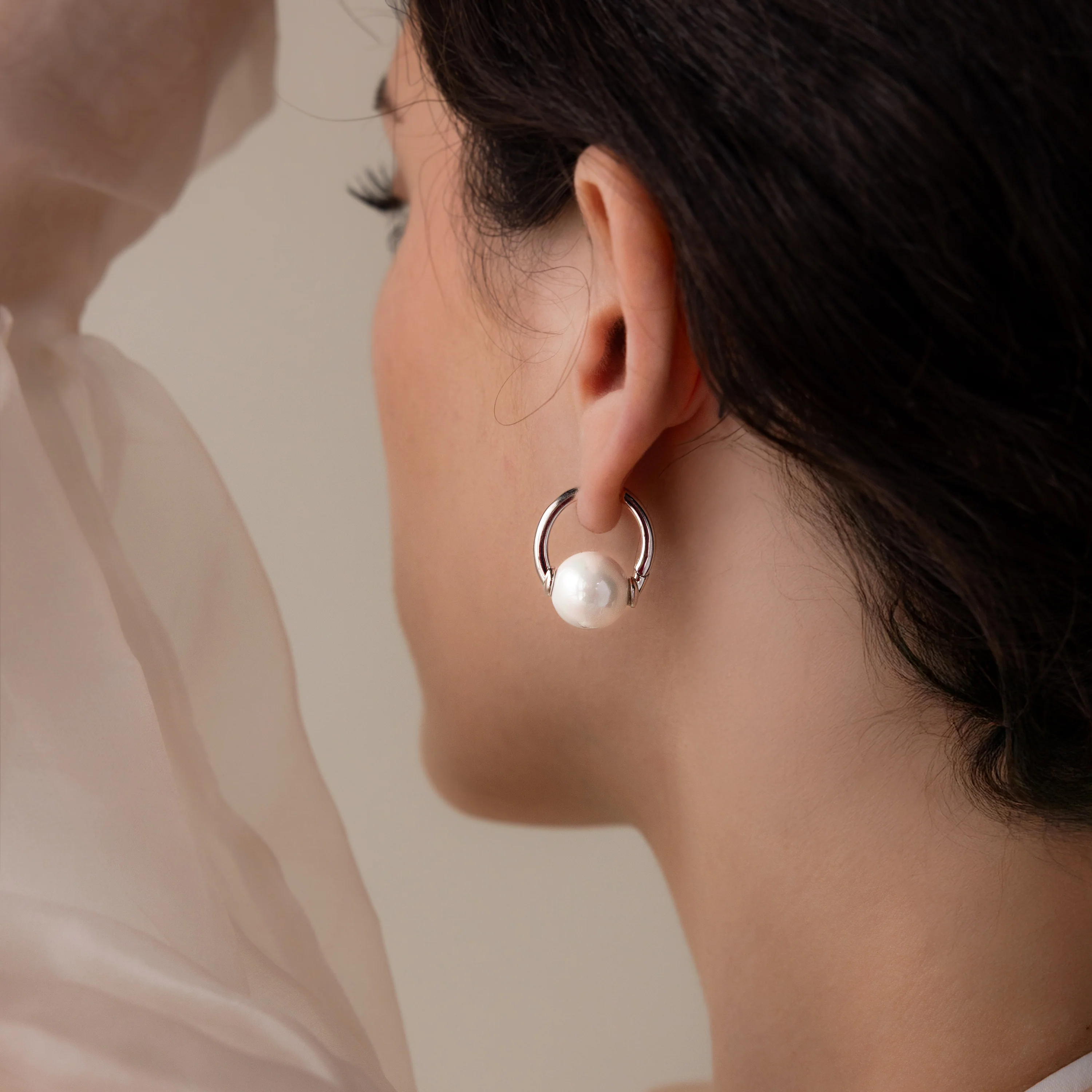 Bold Round Pearl Hoops in Silver - Image 2