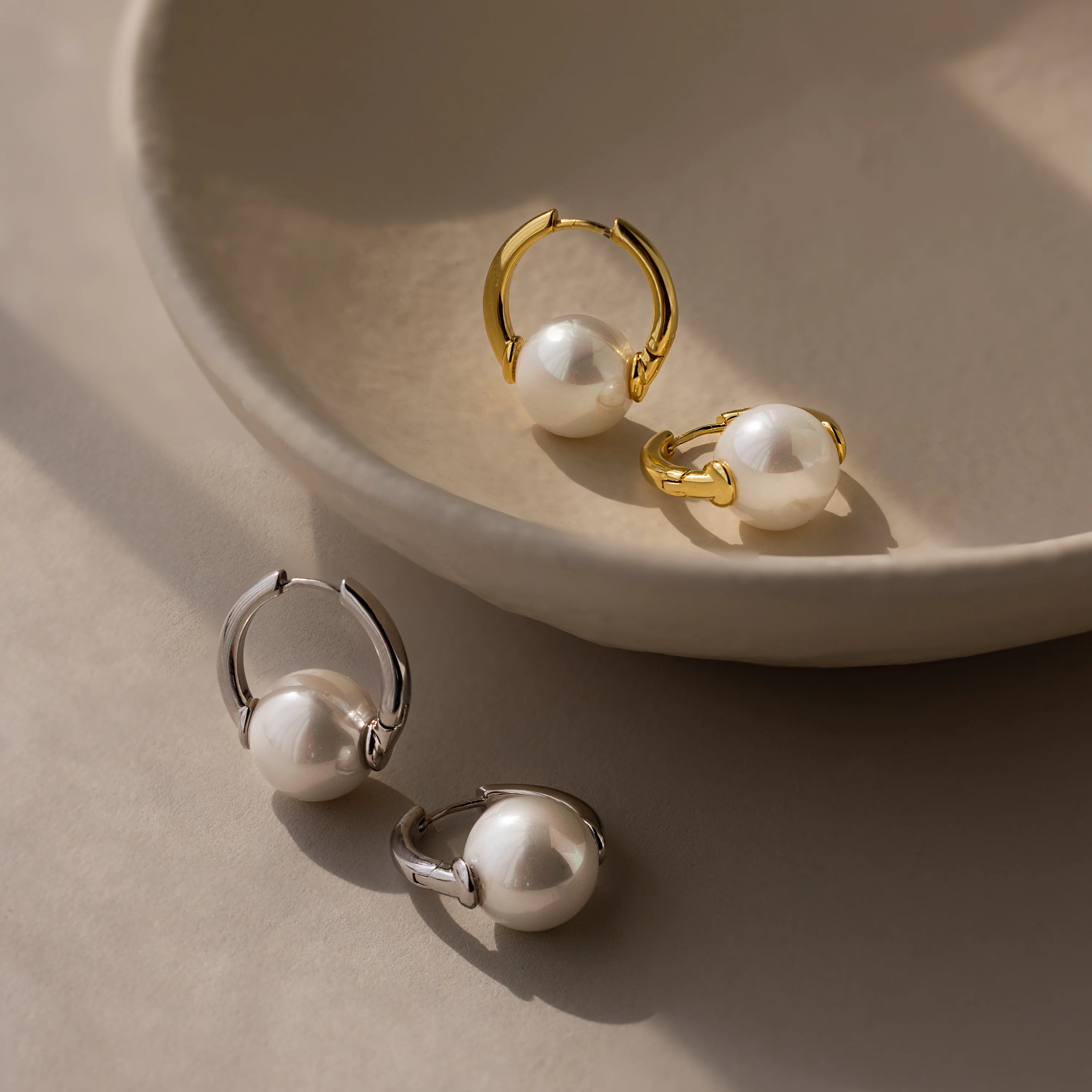 Bold Round Pearl Hoops in Silver - Image 3