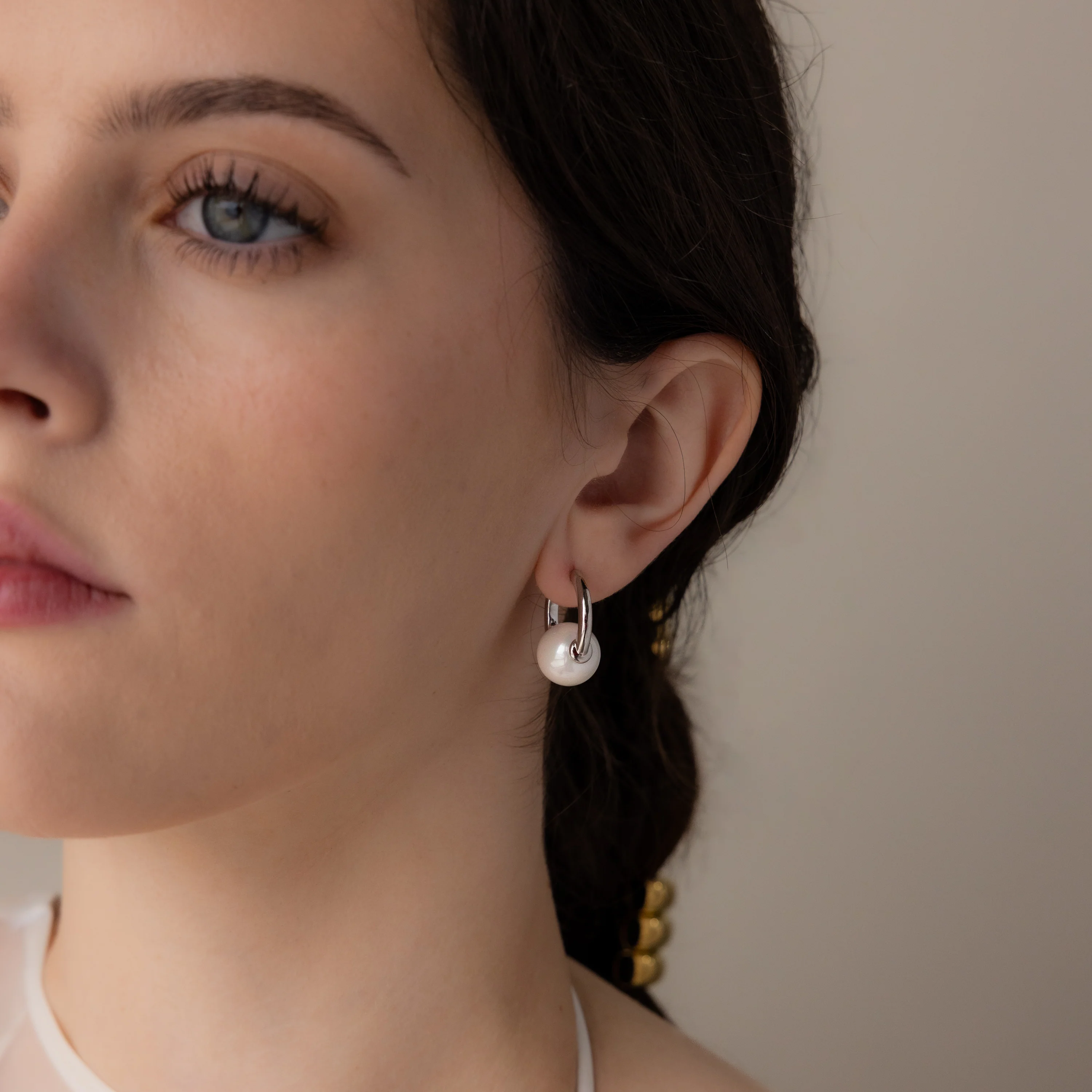 Bold Round Pearl Hoops in Silver - Image 4