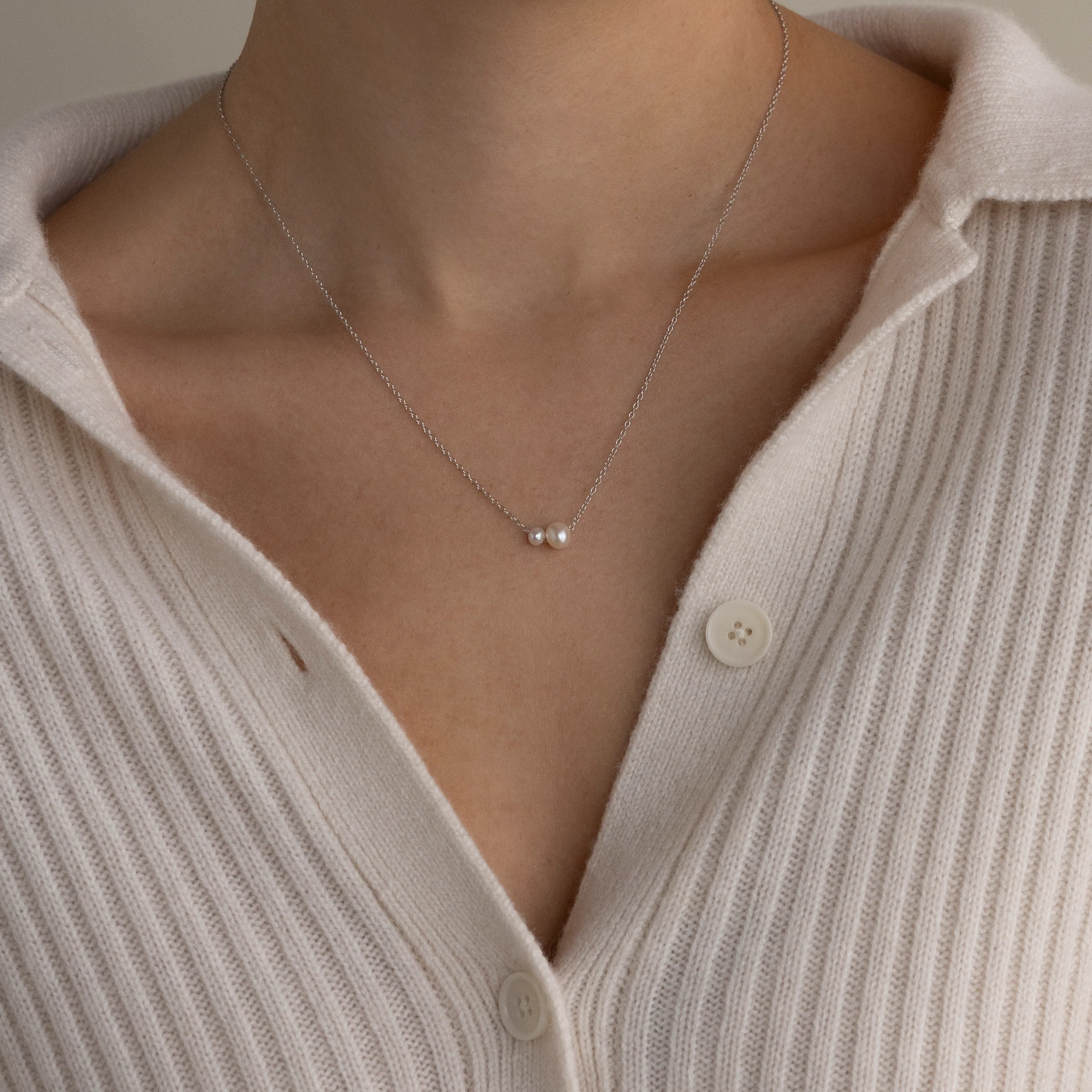 Dainty Duo Pearl Necklace in Silver - Image 2