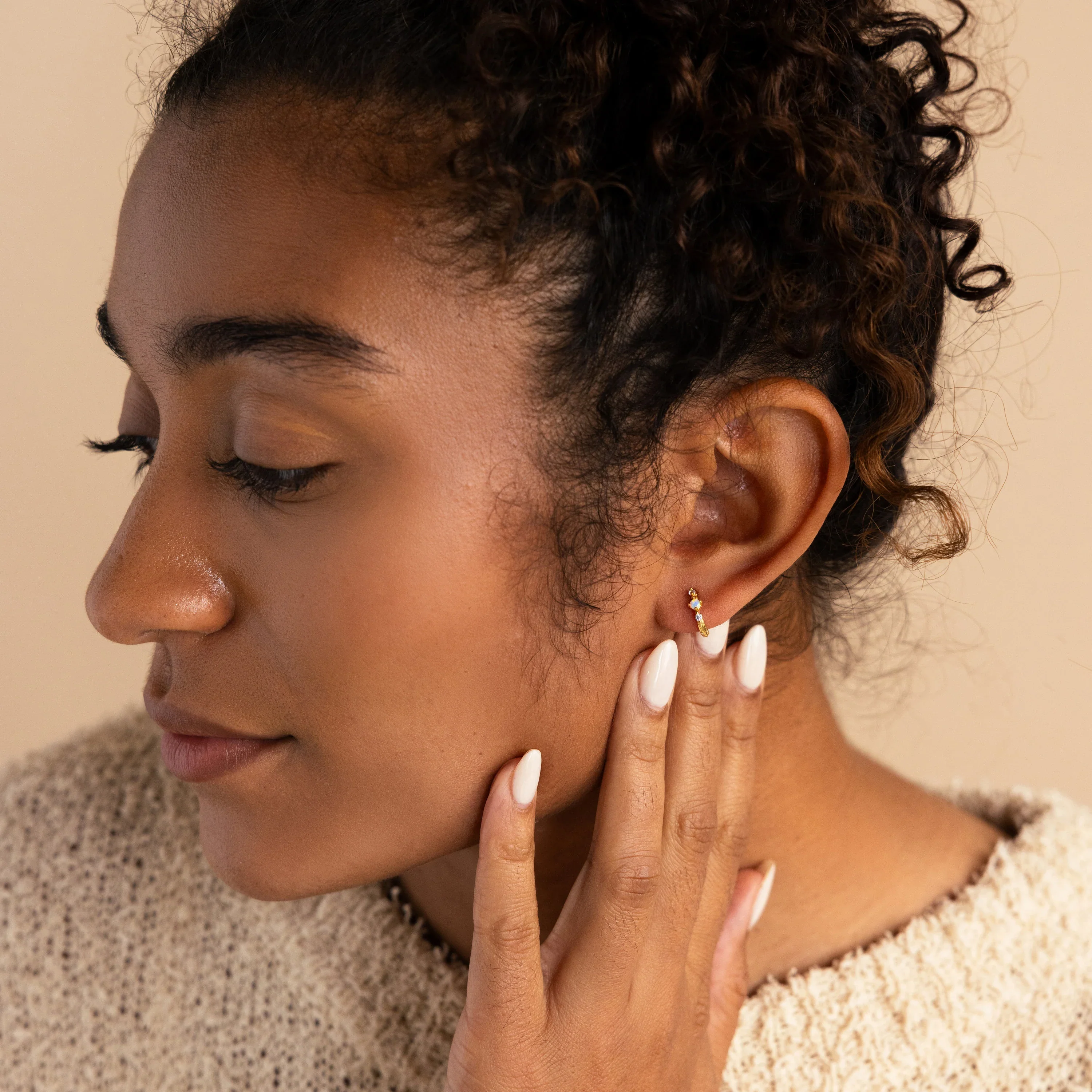 Dainty Opal Diamond Huggies in 18K Gold - Image 4