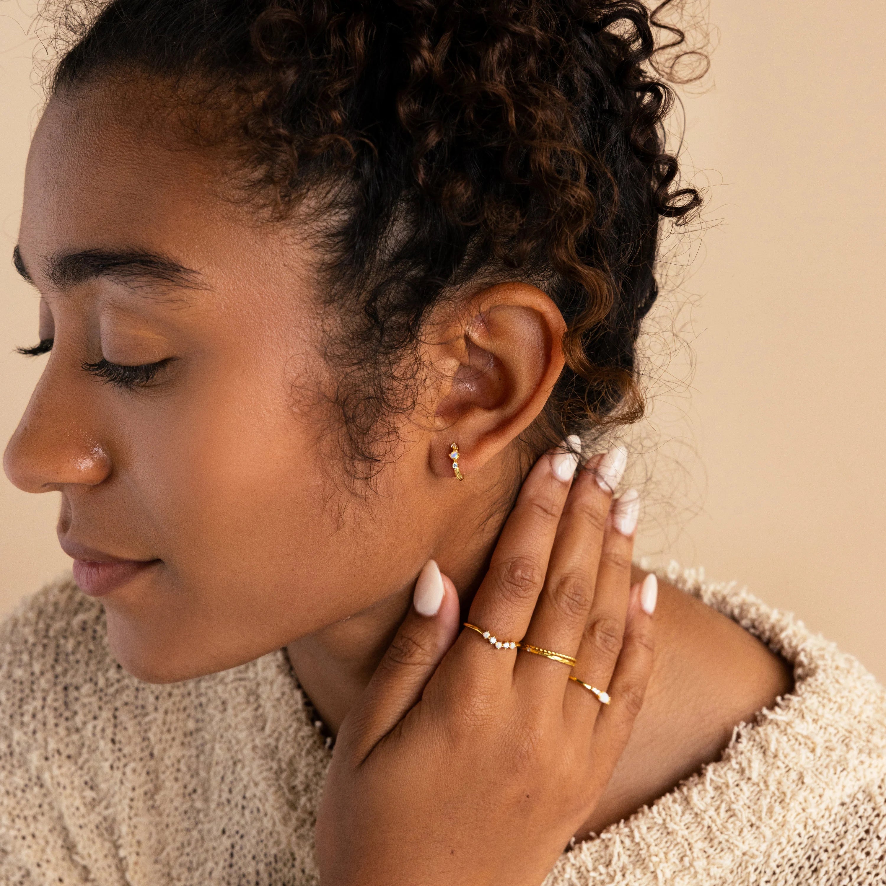 Dainty Opal Diamond Huggies in 18K Gold - Image 6