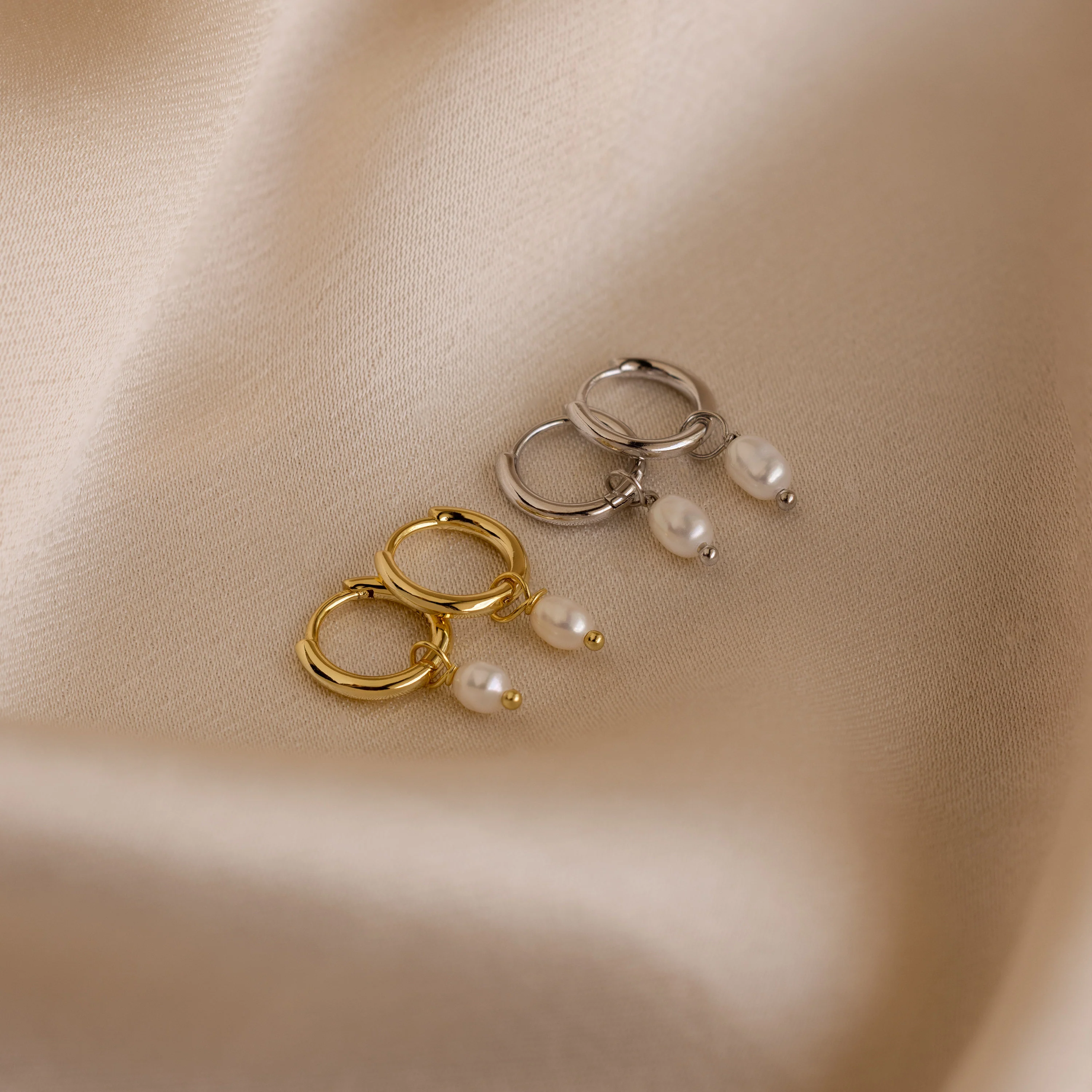 Dainty Pearl Huggies in 18K Gold - Image 5
