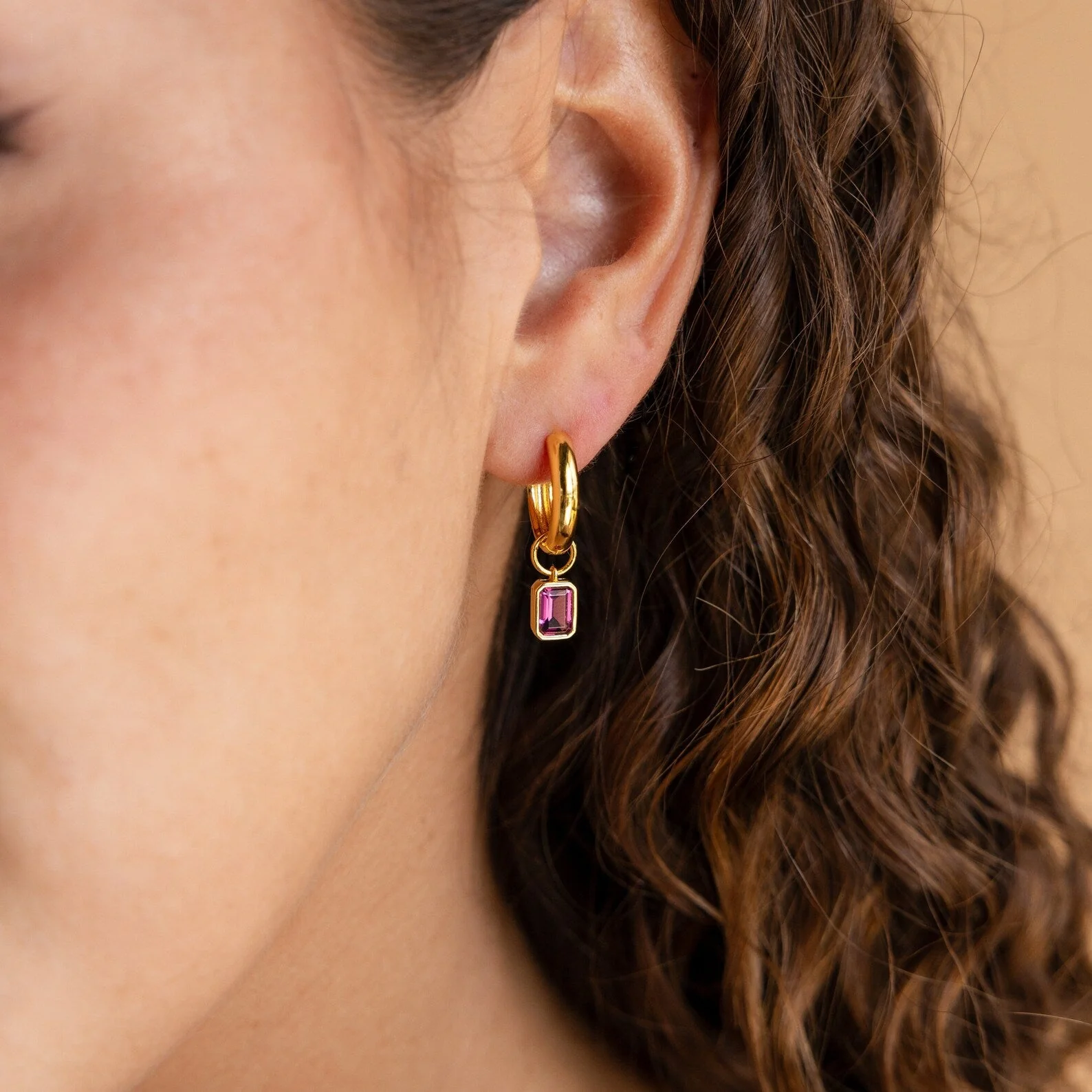 Dangling Emerald Birthstone Hoops - Image 2