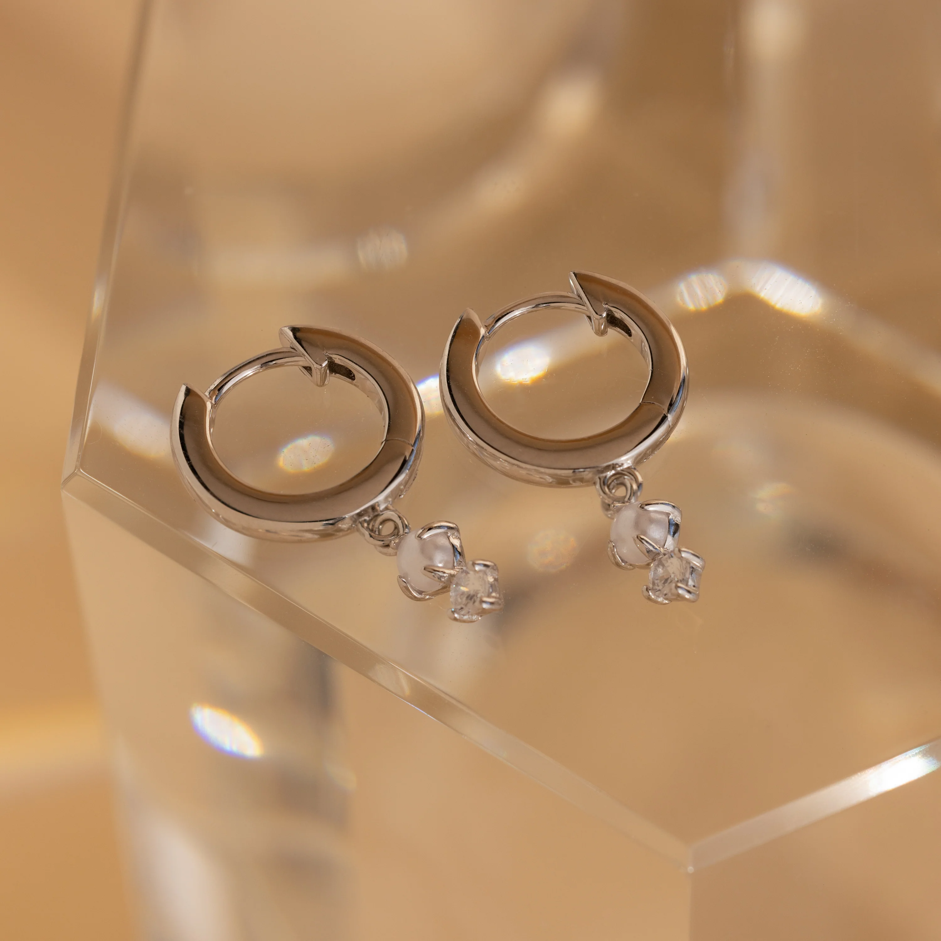 Dangling Pearl Diamond Huggies in Silver - Image 5