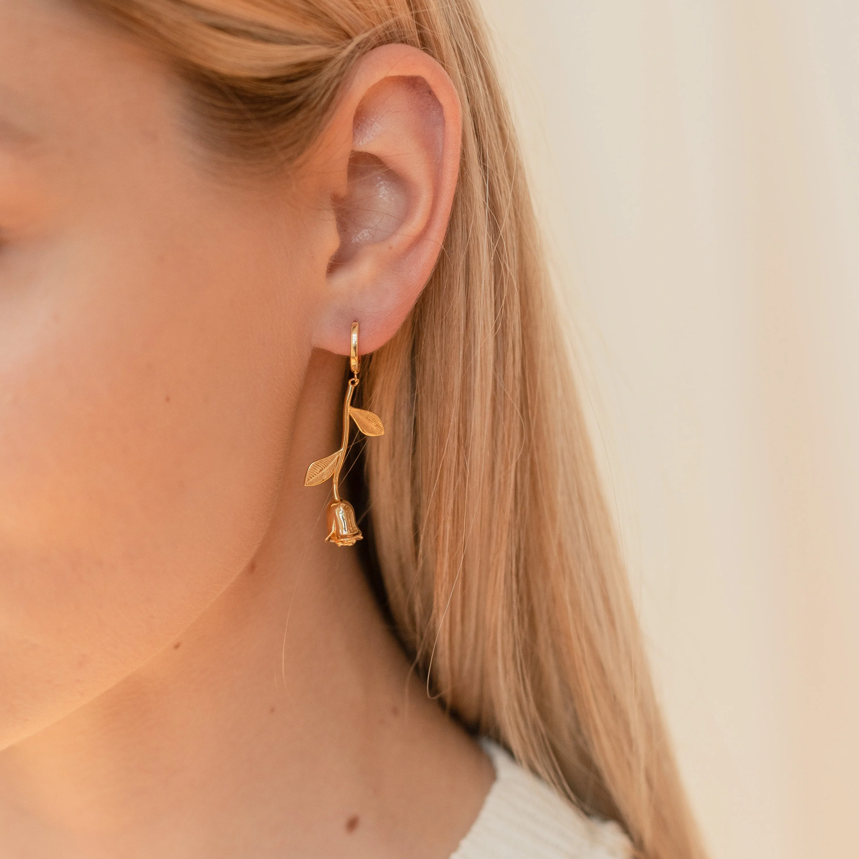 Dangling Rose Huggies in 18K Gold - Image 2