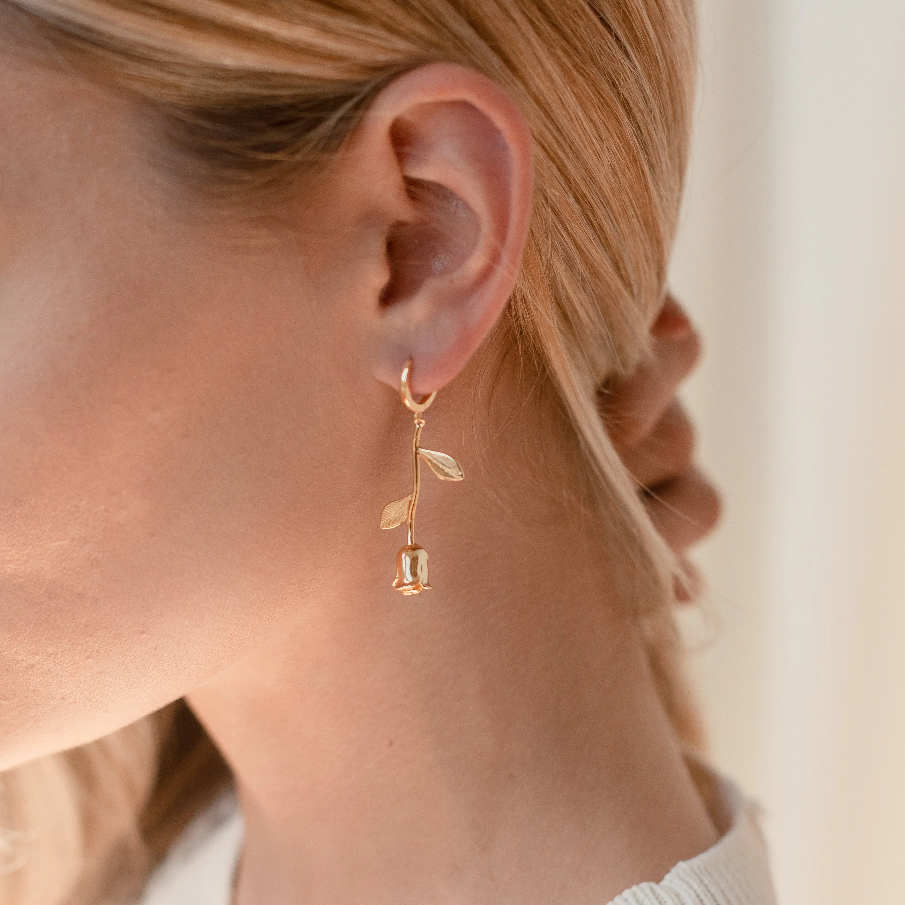 Dangling Rose Huggies in 18K Gold - Image 4