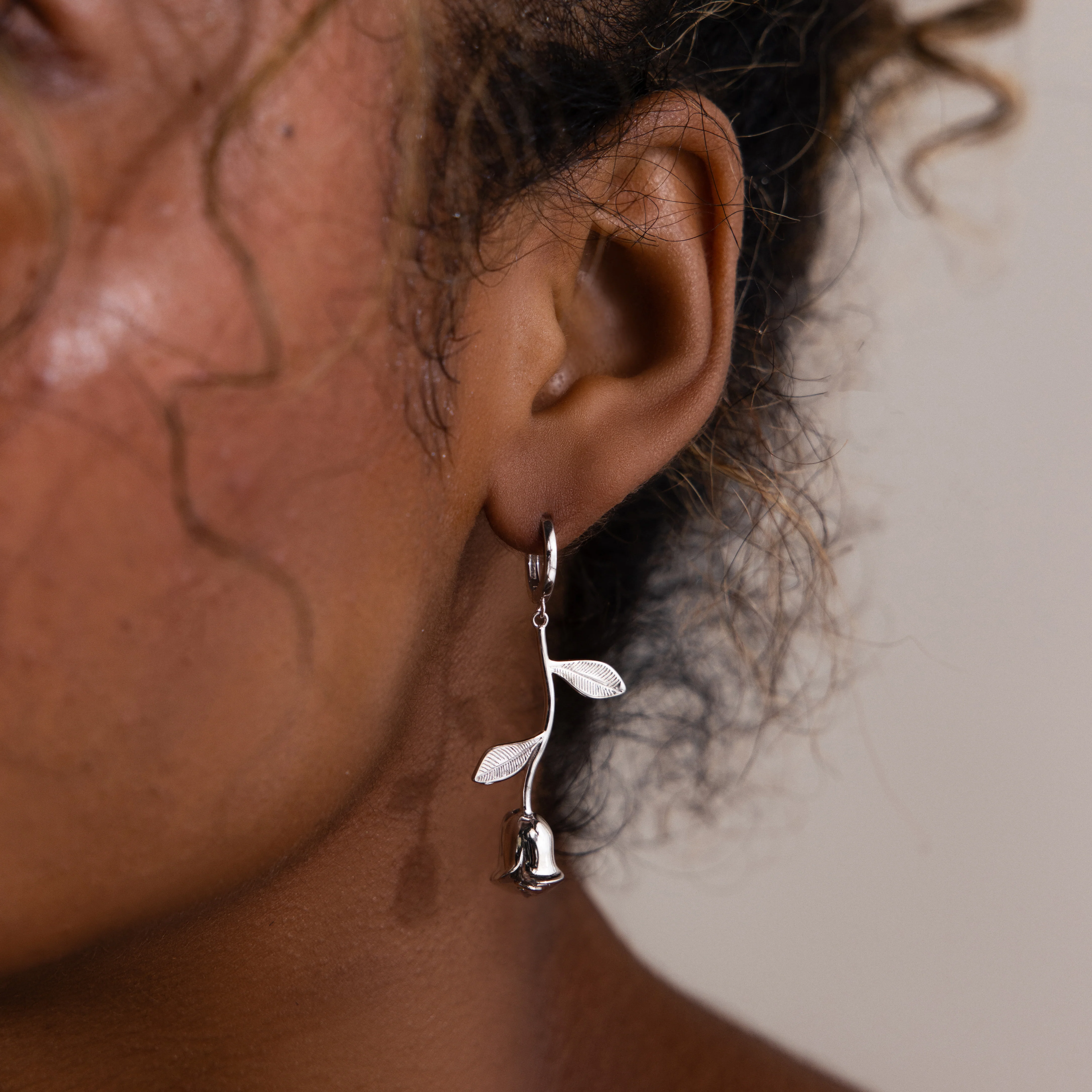 Dangling Rose Huggies in Silver - Image 2