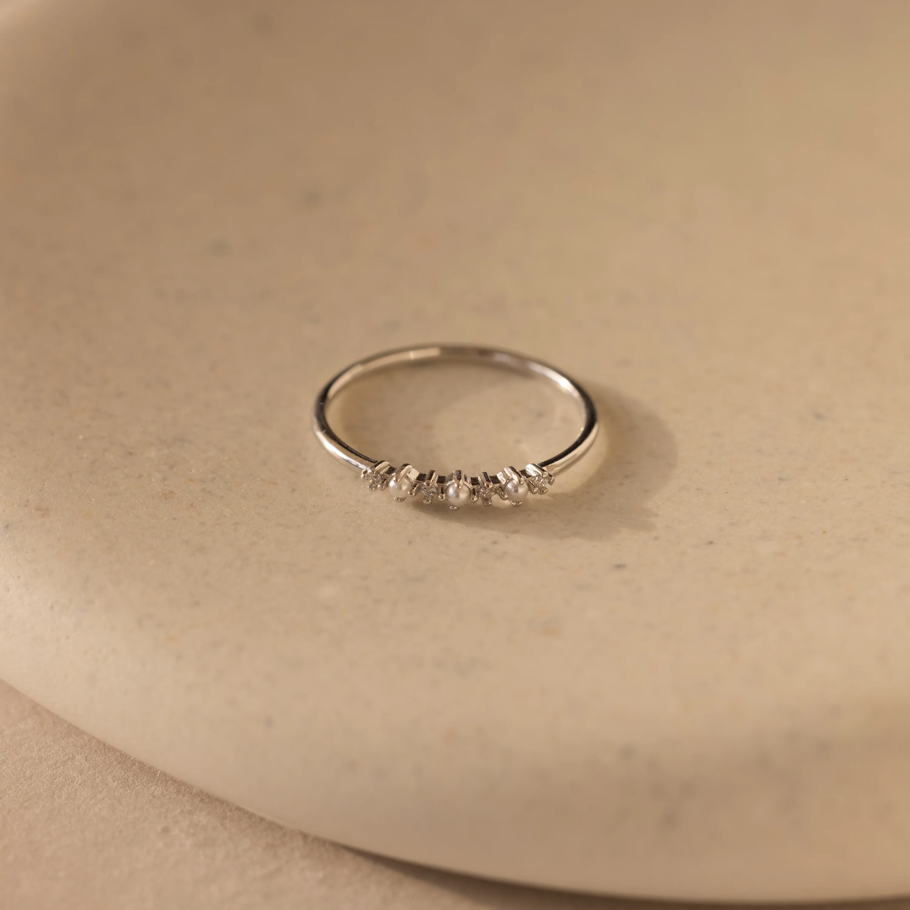 Delicate Pearl Diamond Ring in Silver