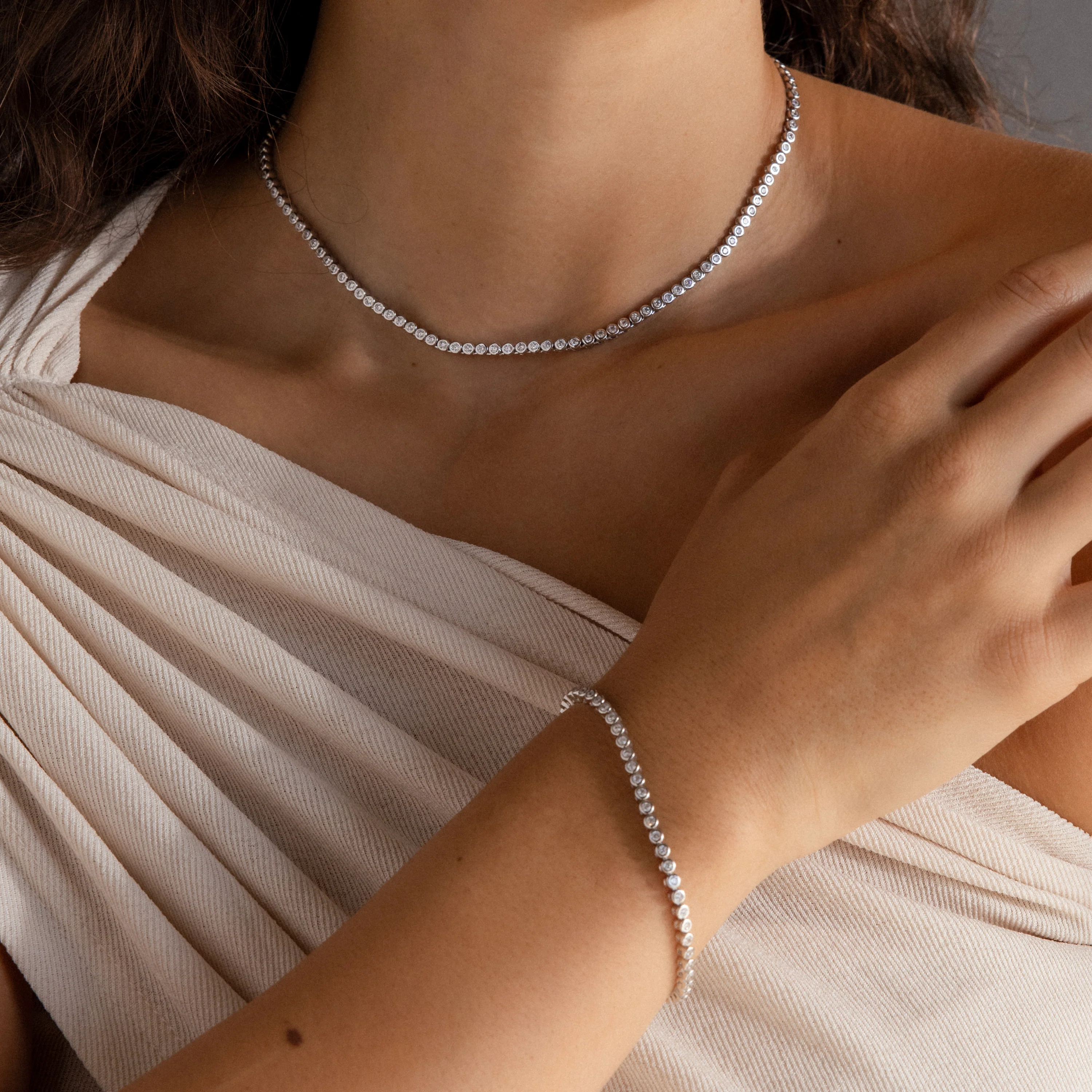 Diamond Bezel Tennis Necklace & Bracelet Set in Silver - Image 2