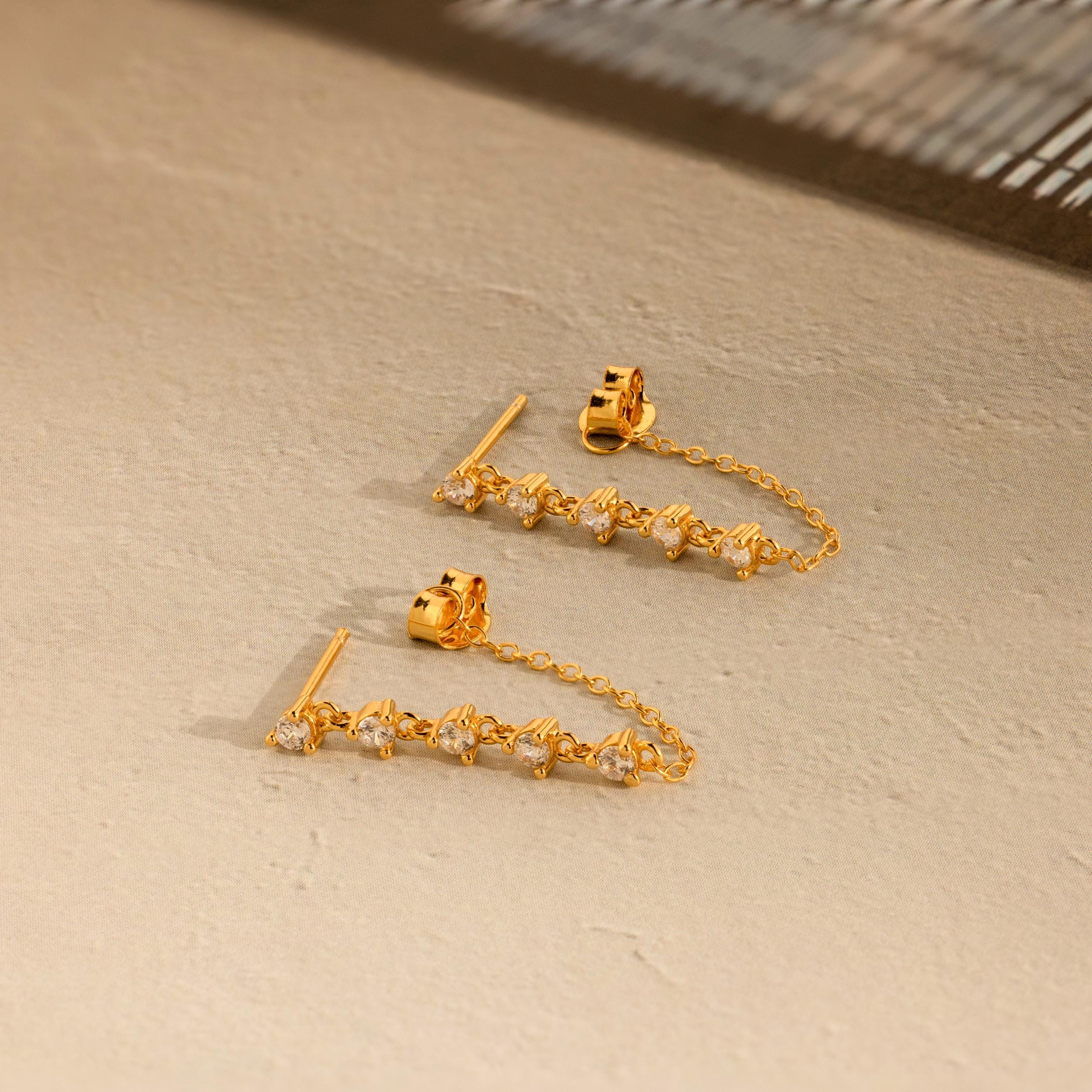Diamond Chain Drop Earrings in 18K Gold - Image 3