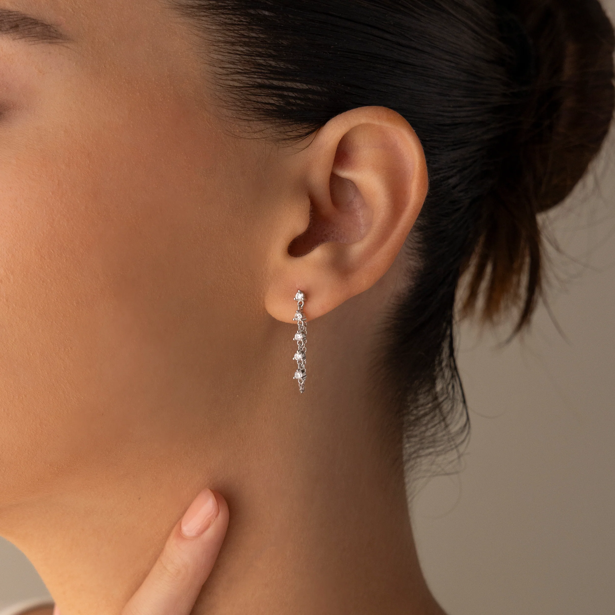 Diamond Chain Drop Earrings in Silver - Image 2