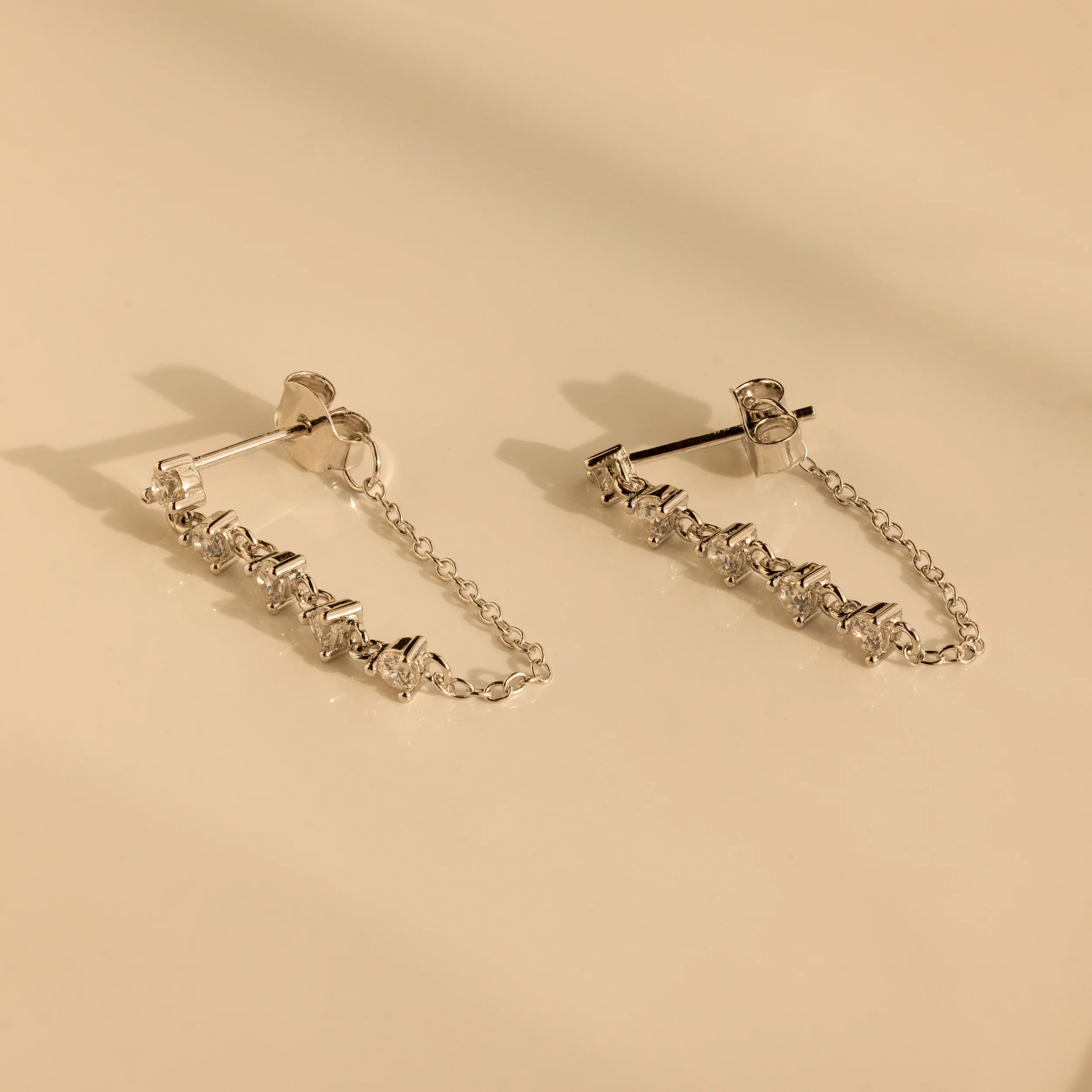Diamond Chain Drop Earrings in Silver - Image 3