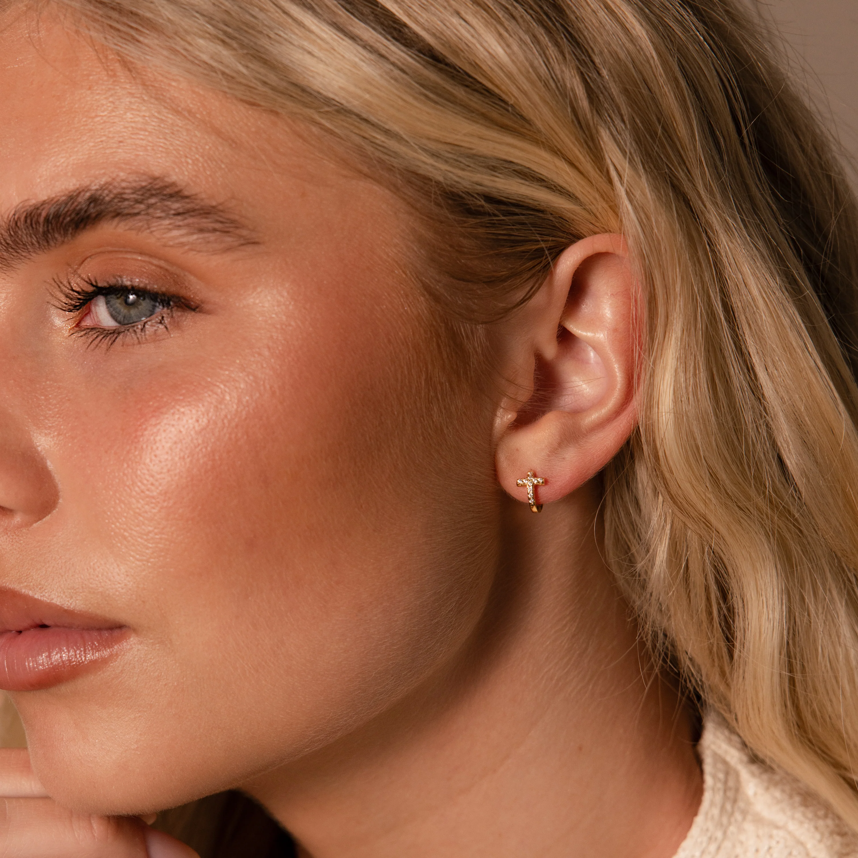 Diamond Cross Huggies in 18K Gold - Image 6