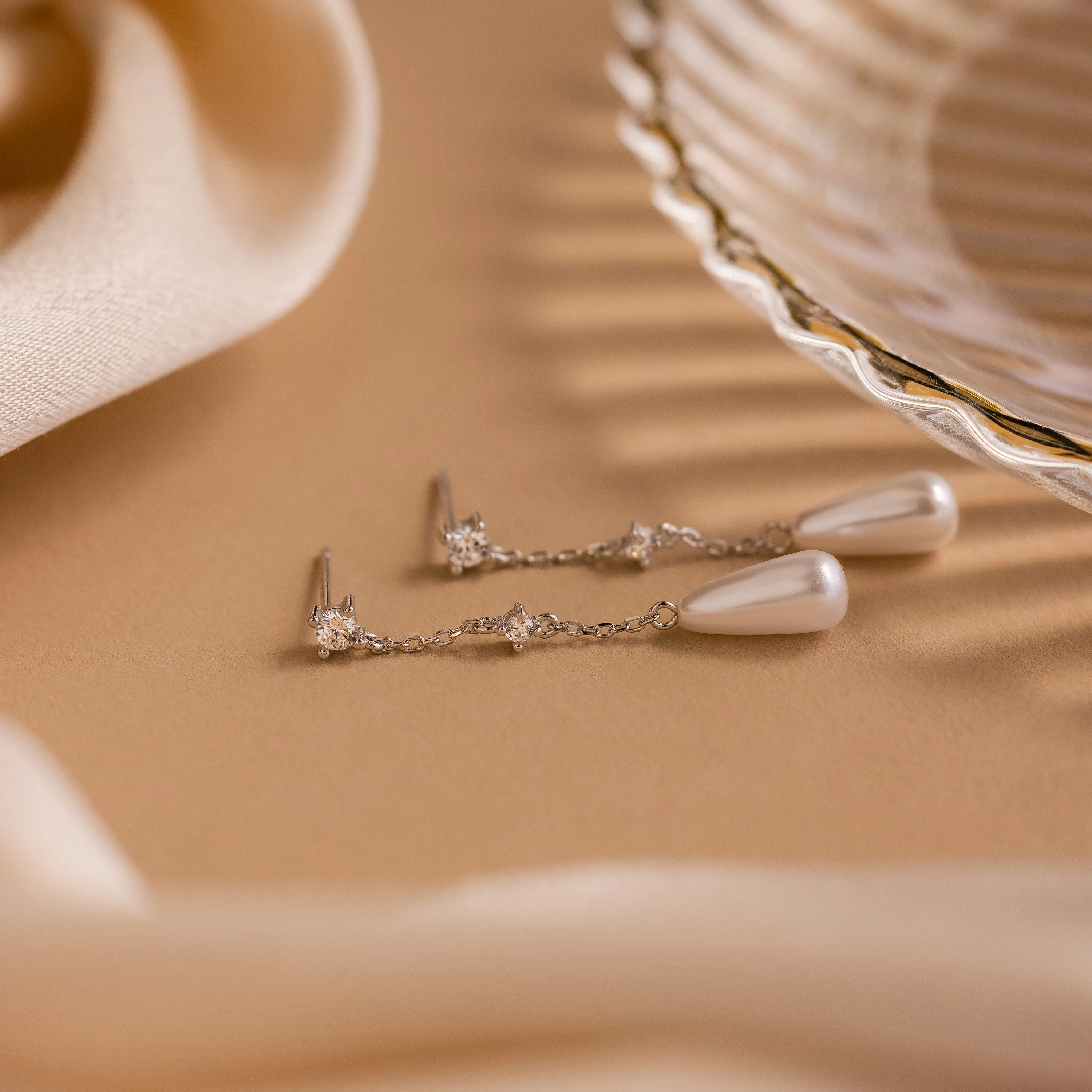 Diamond Pearl Chain Earrings - Image 3