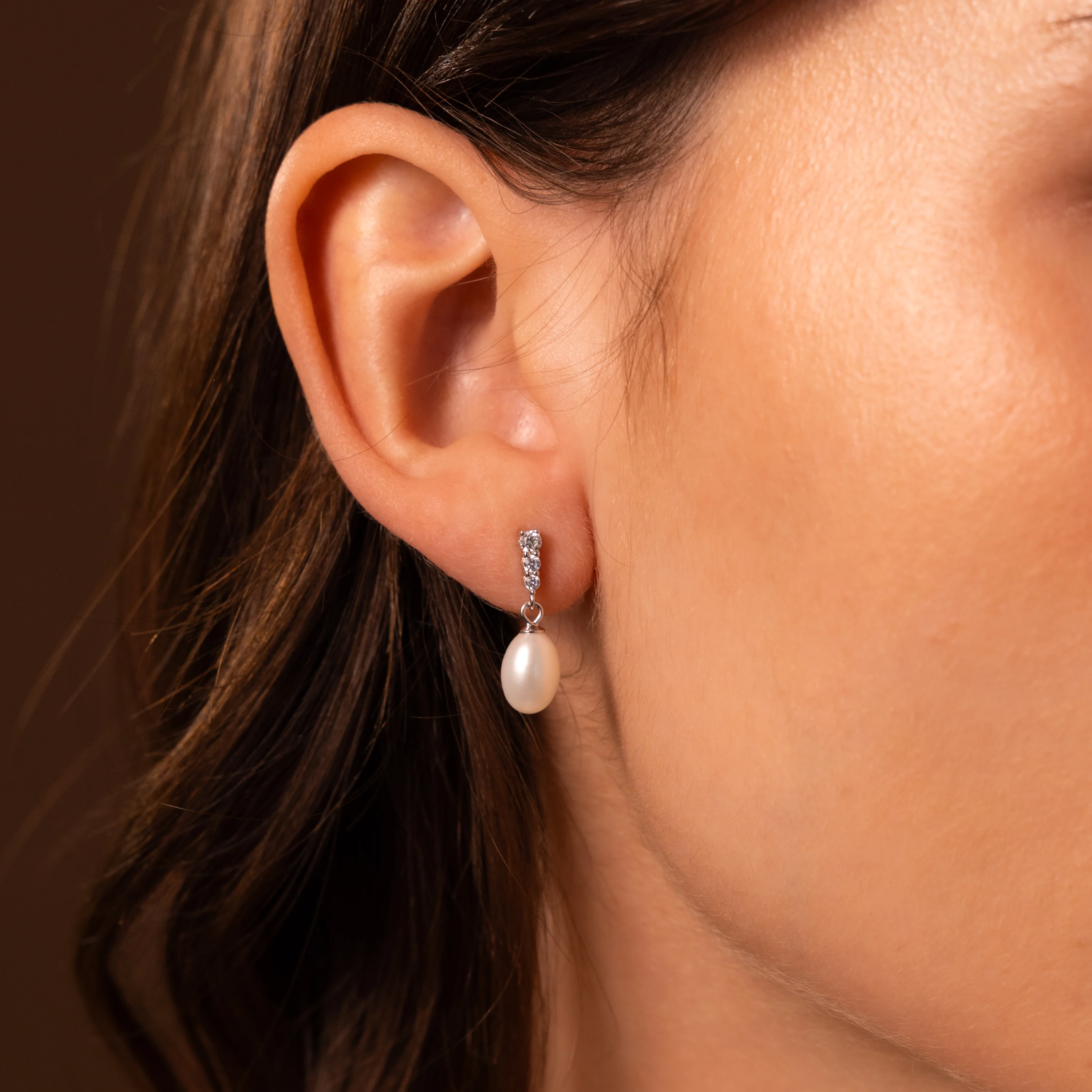 Diamond Pearl Droplet Earrings in Silver - Image 2