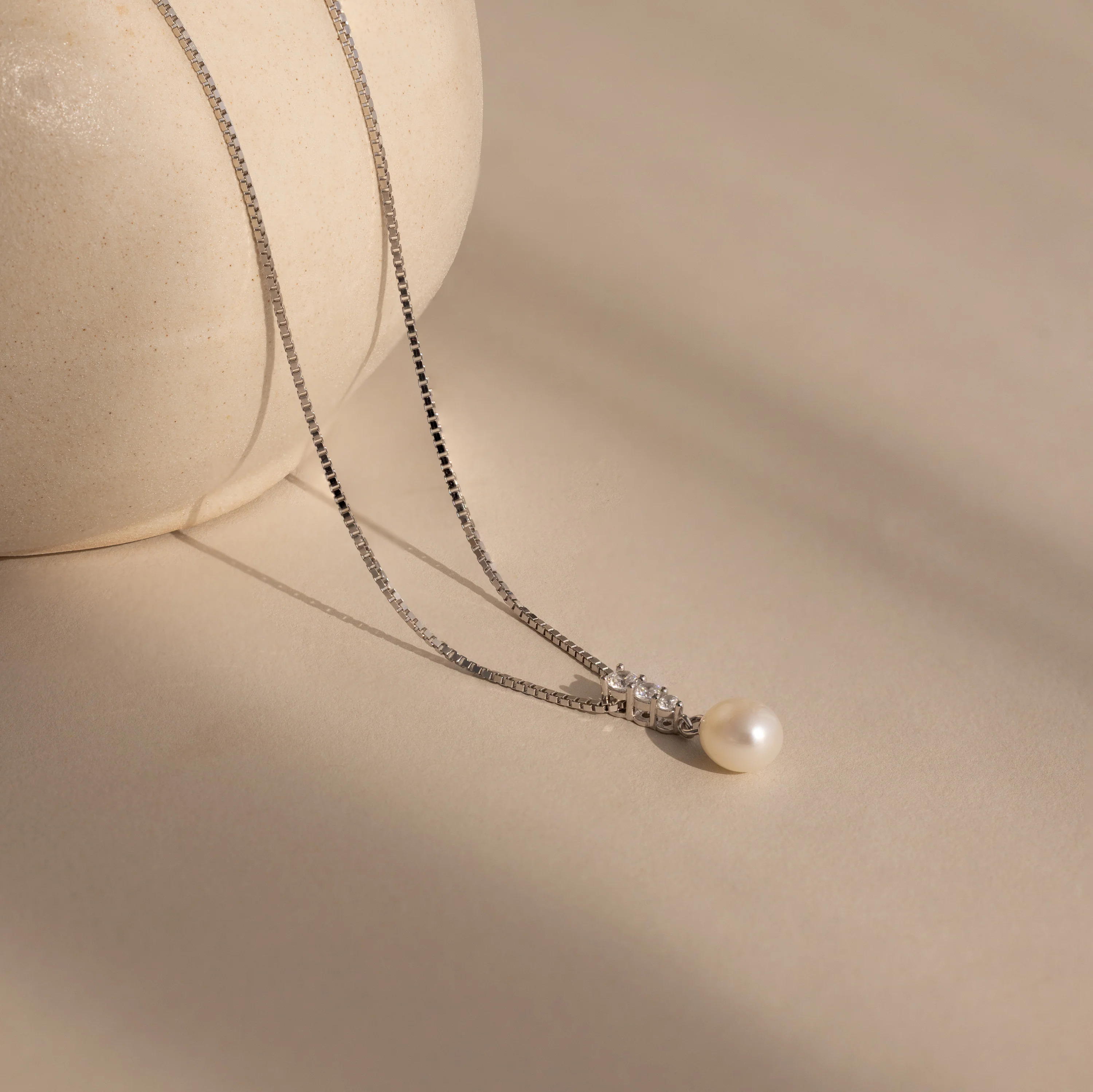 Diamond Pearl Droplet Necklace in Silver - Image 5