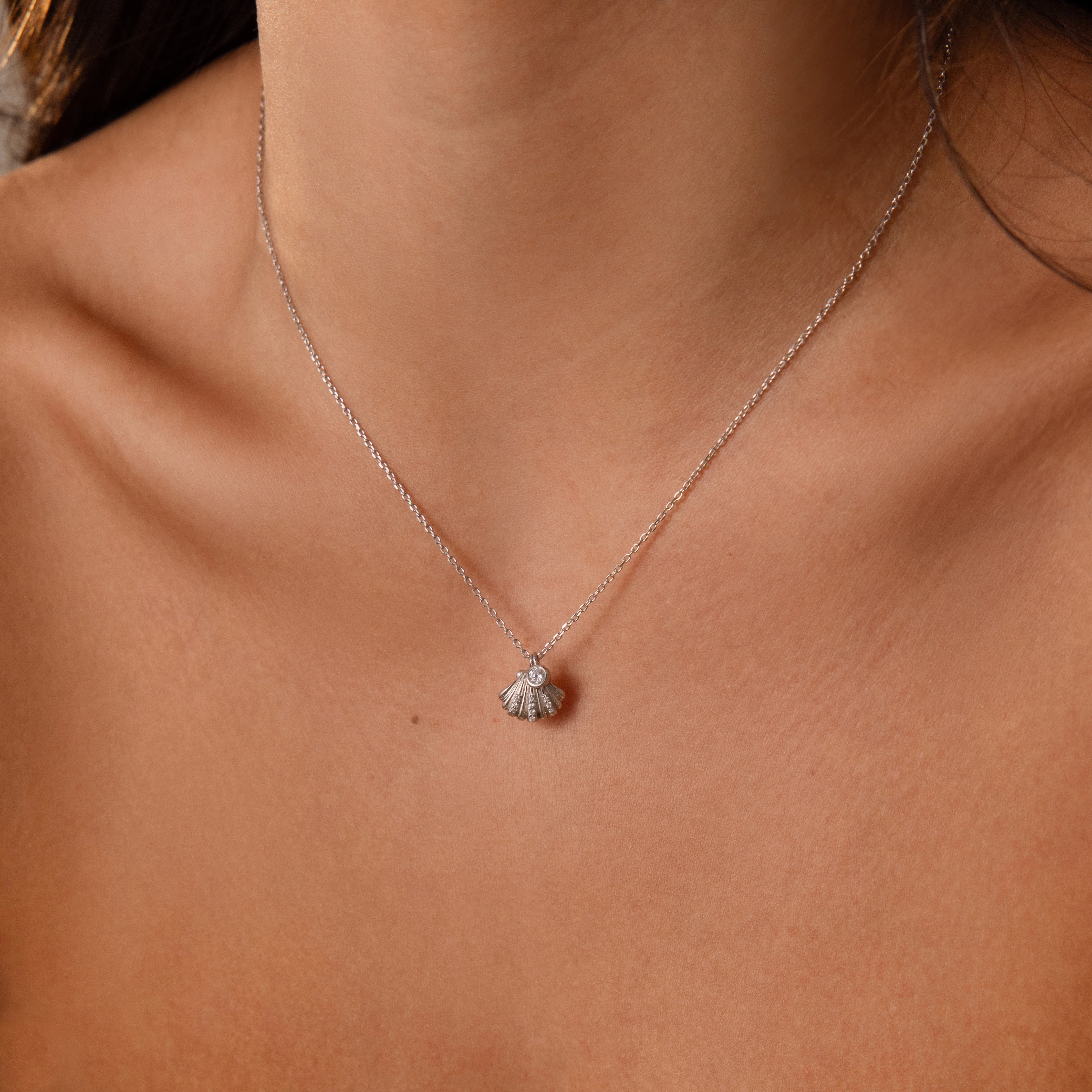 Diamond Seashell Charm Necklace in Silver - Image 2