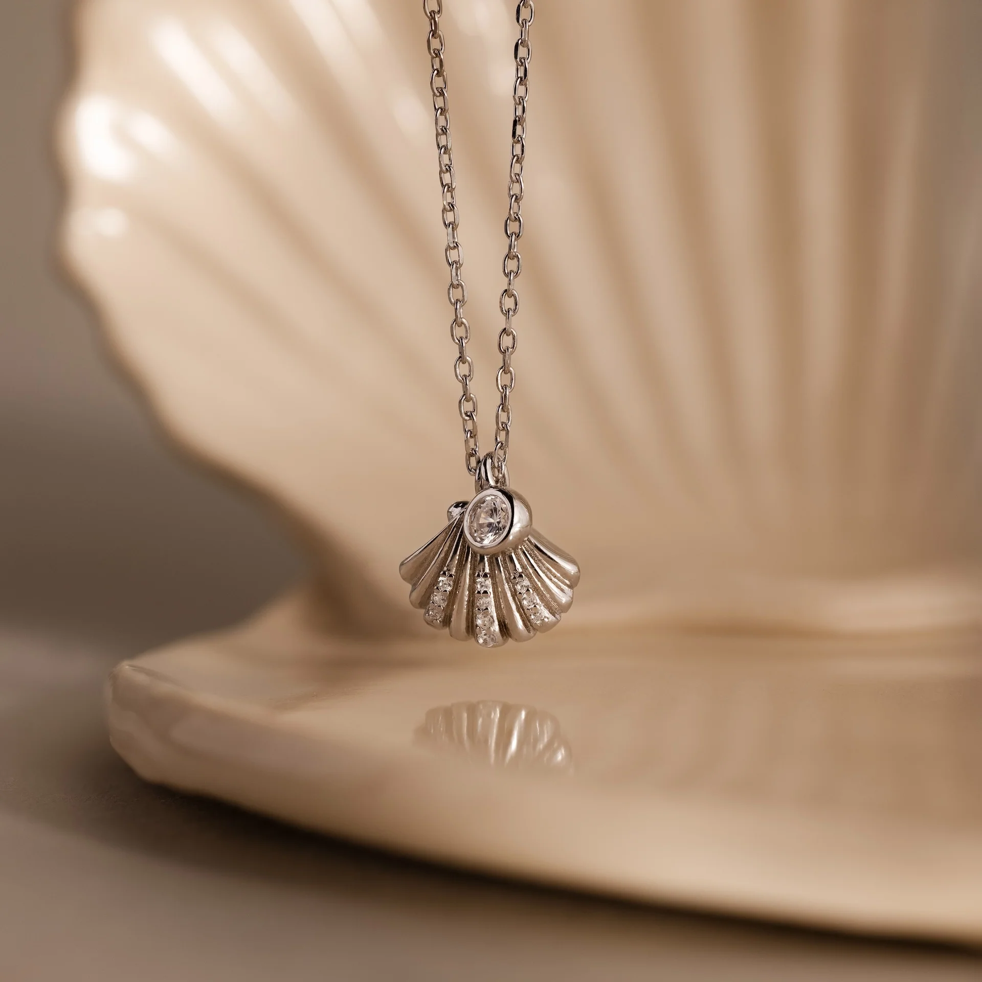 Diamond Seashell Charm Necklace in Silver - Image 5