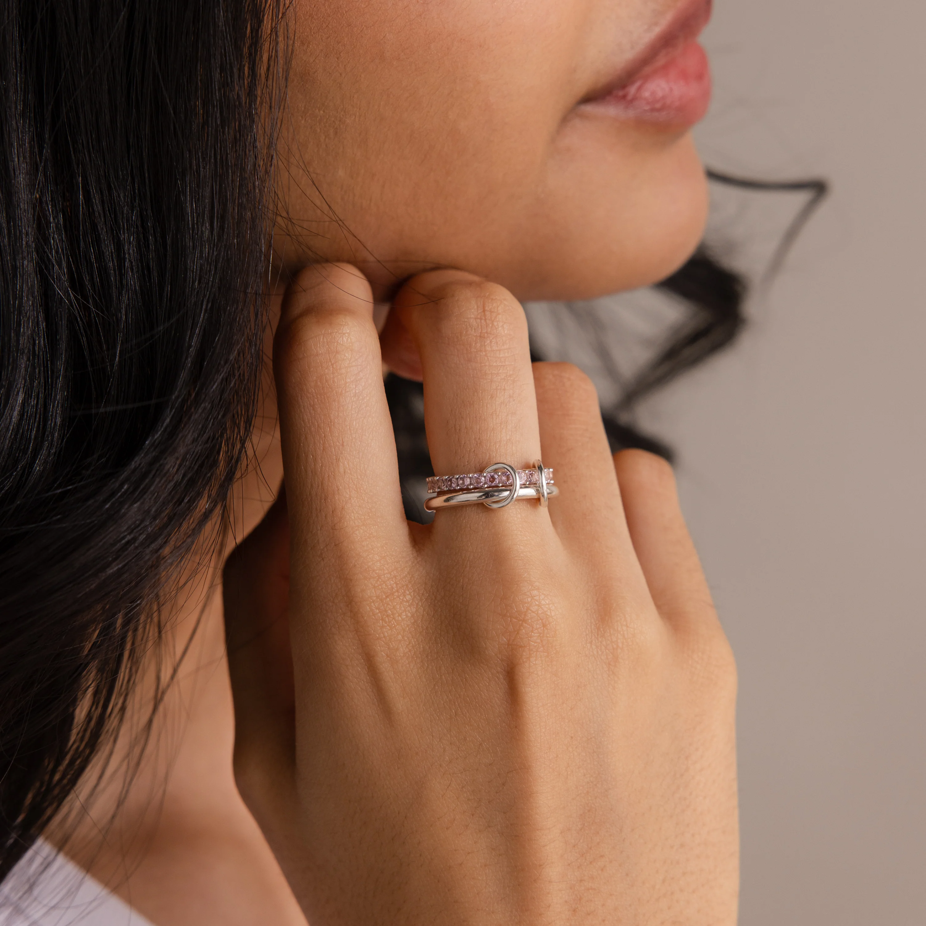 Duo Pink Tourmaline Tennis Linked Ring Set - Image 4