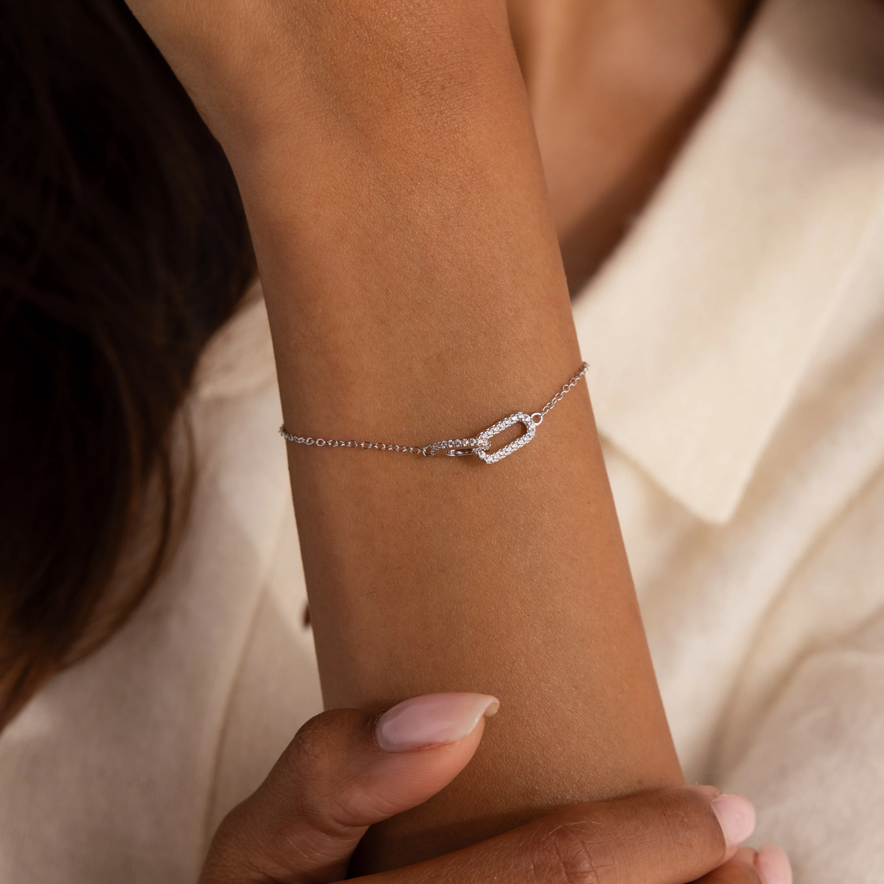 Duo Pave Link Pendant Bracelet in Silver - Image 2