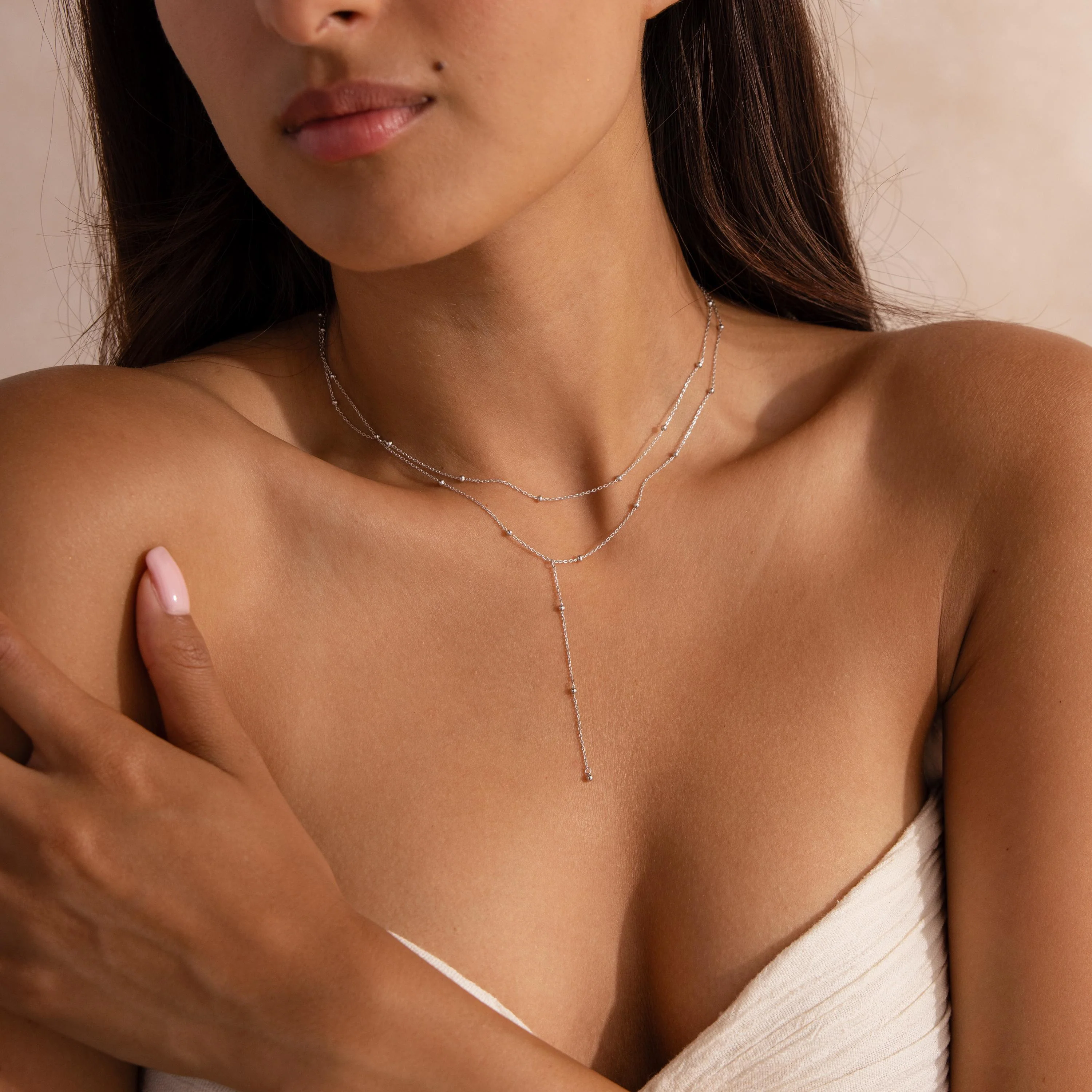 Duo Satellite Lariat Necklace in Silver - Image 5