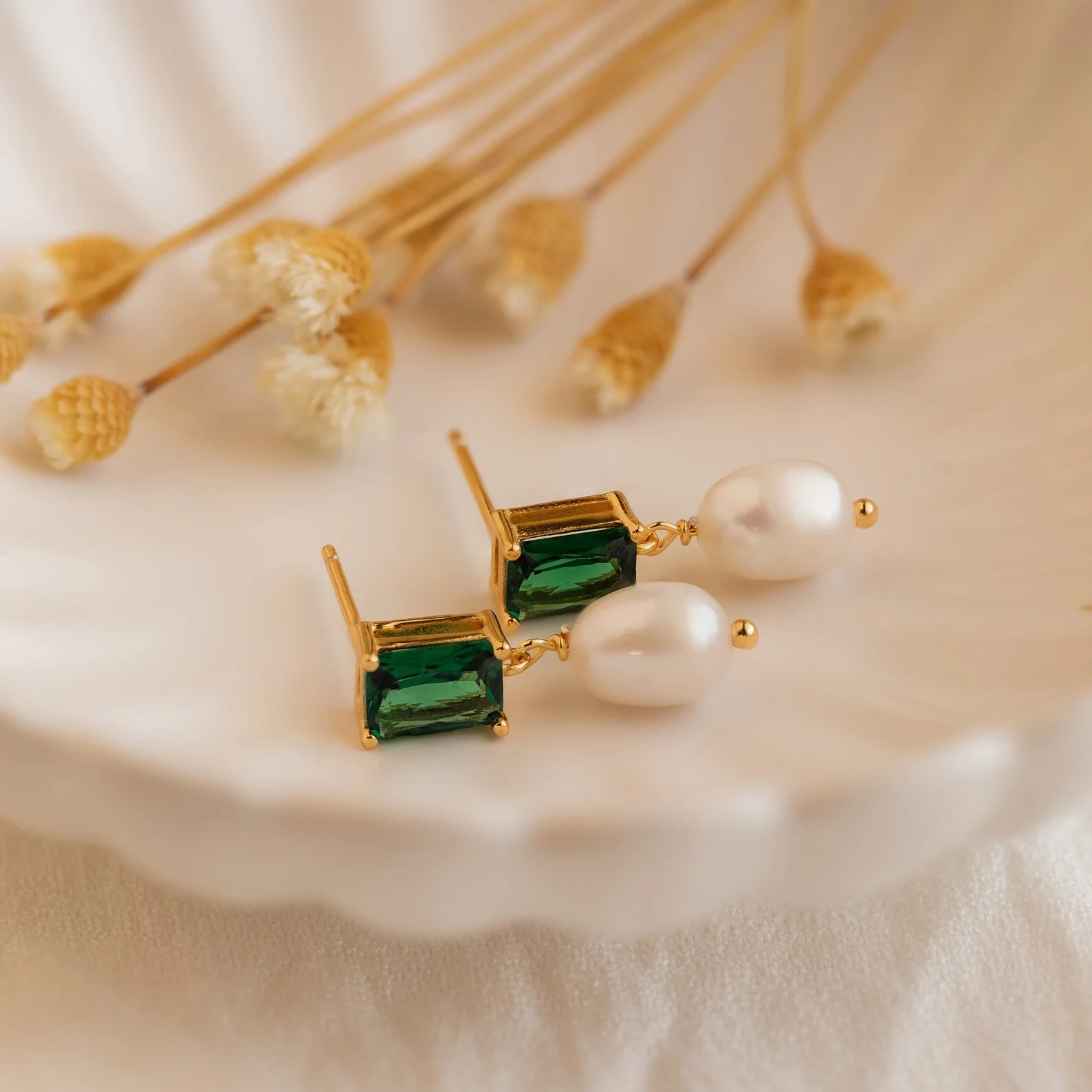 Emerald Pearl Drop Earrings - Image 7