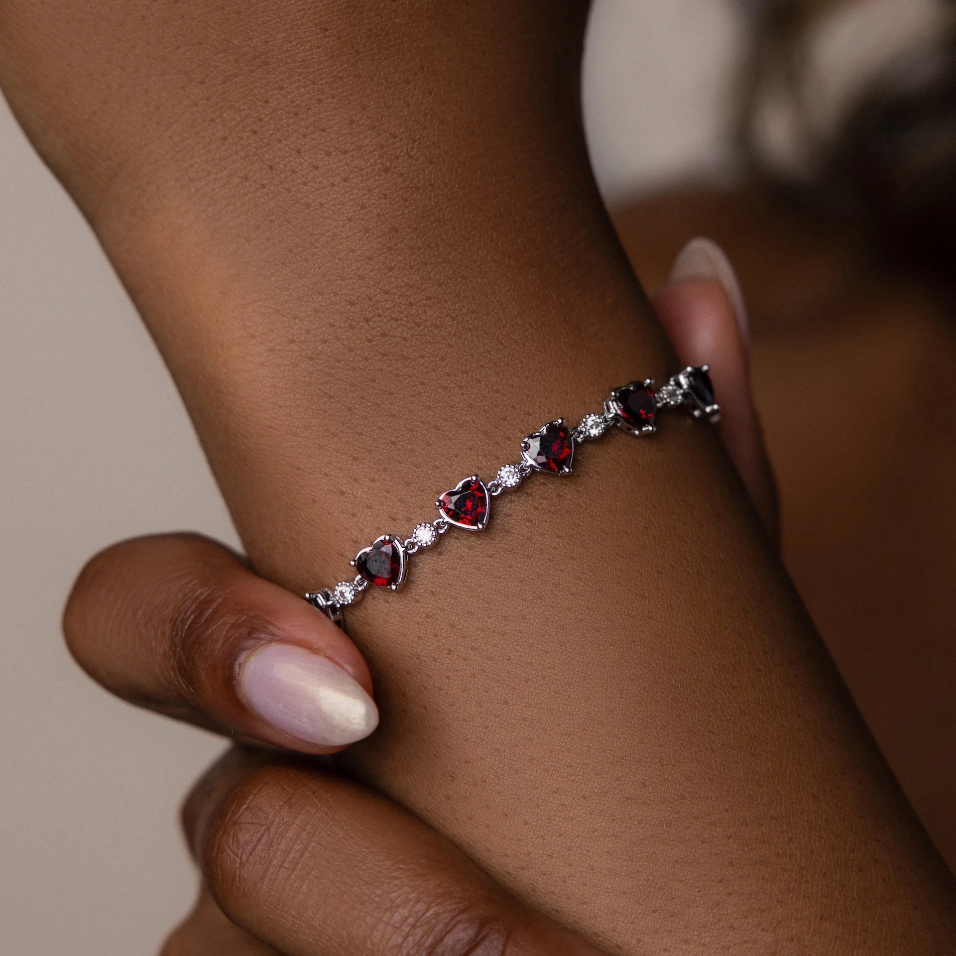 Garnet Heart Tennis Bracelet in Silver - Image 2