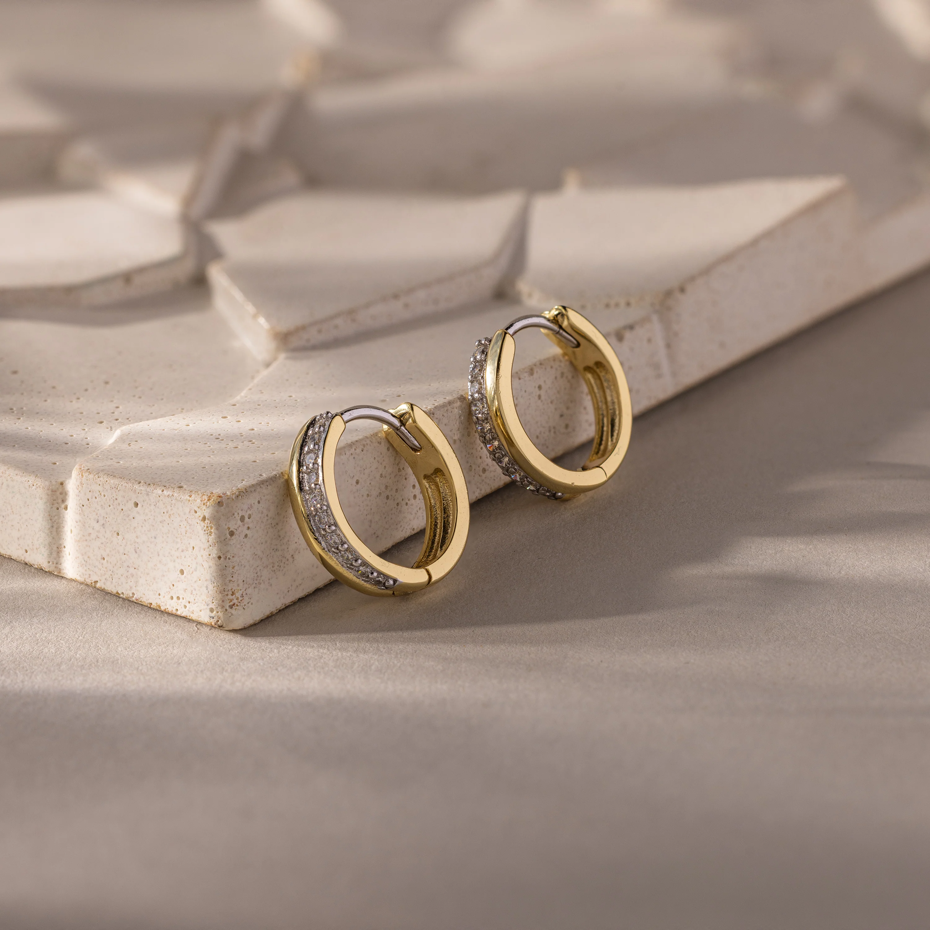 Half Pave Huggies in 18K Gold - Image 5