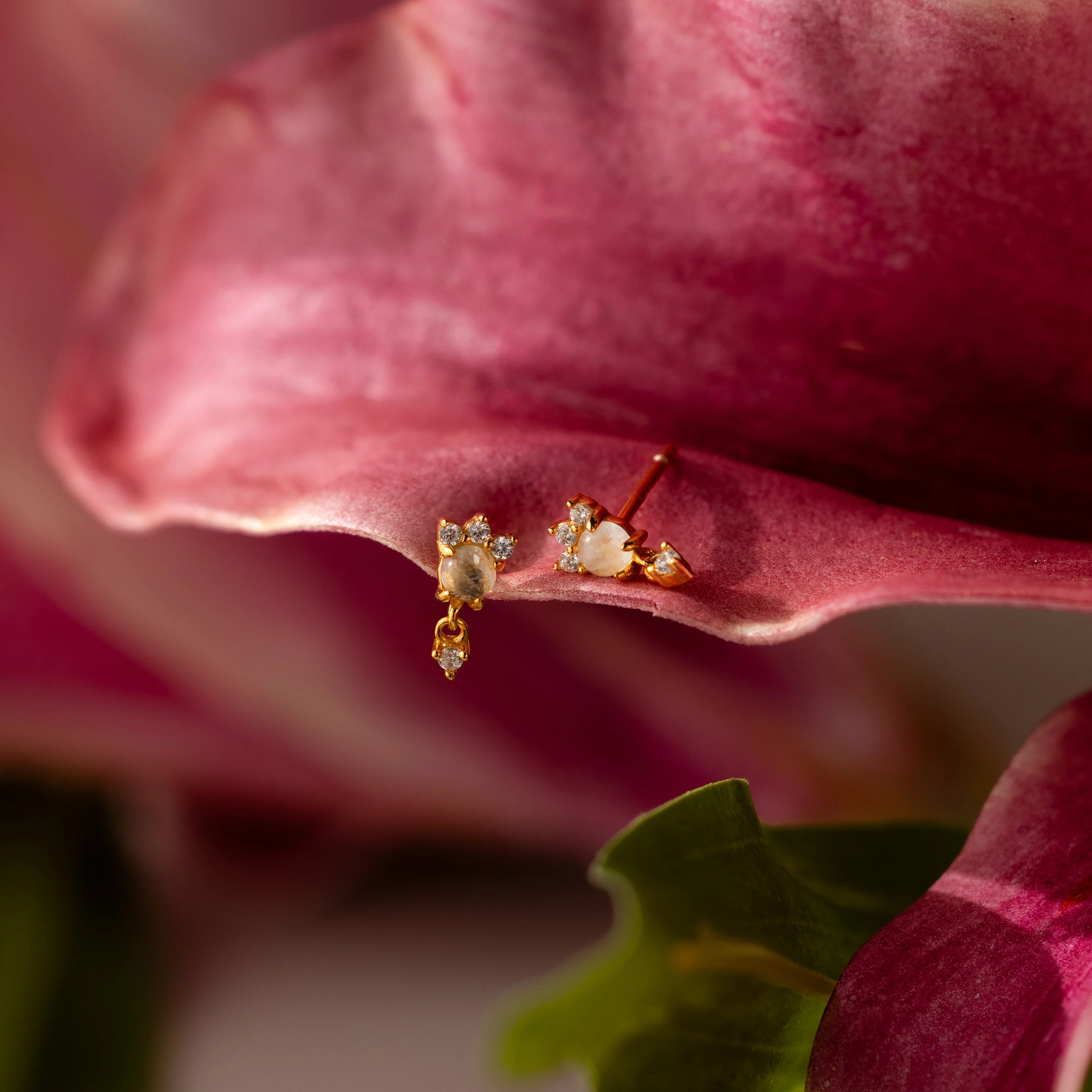 Halo Moonstone Drop Studs in 18K Gold - Image 7