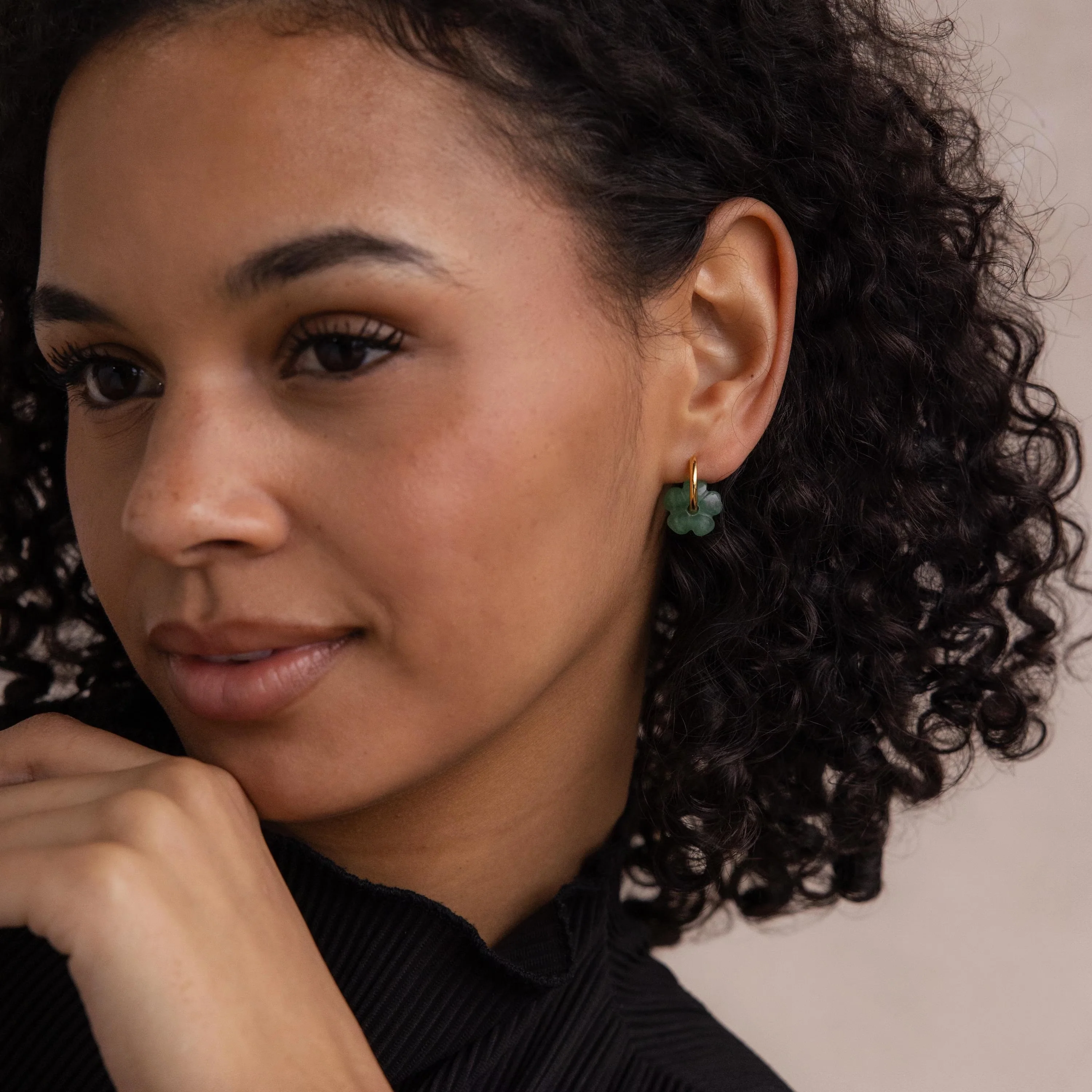 Jade Flower Hoops in 18K Gold - Image 6
