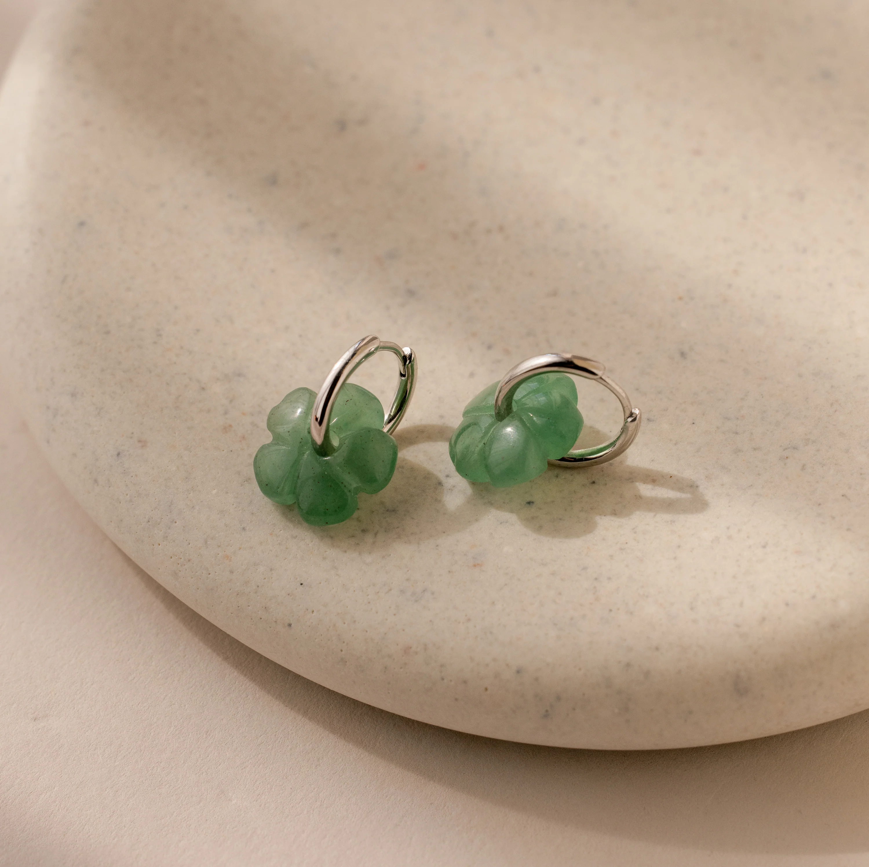Jade Flower Hoops in Silver