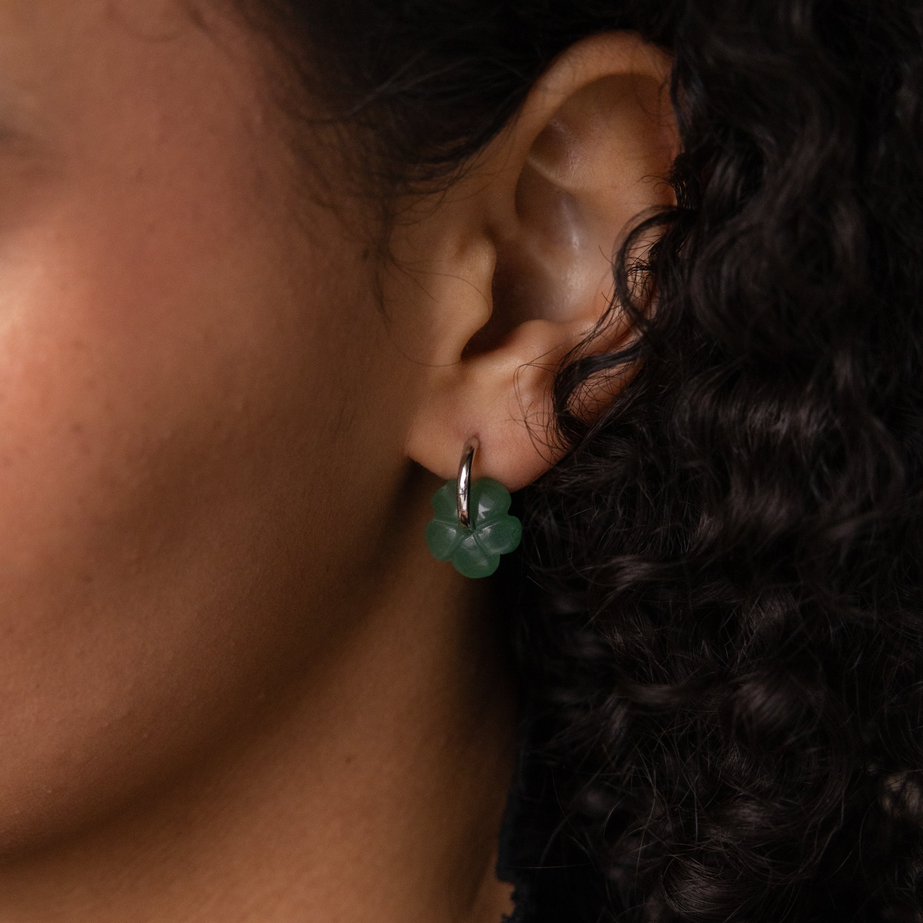 Jade Flower Hoops in Silver - Image 2