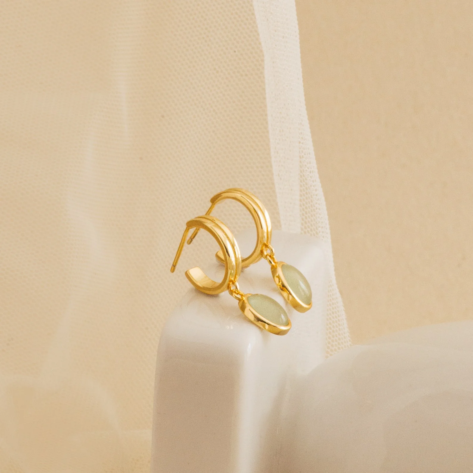 Jade Gemstone Drop Hoops in 18K Gold - Image 3