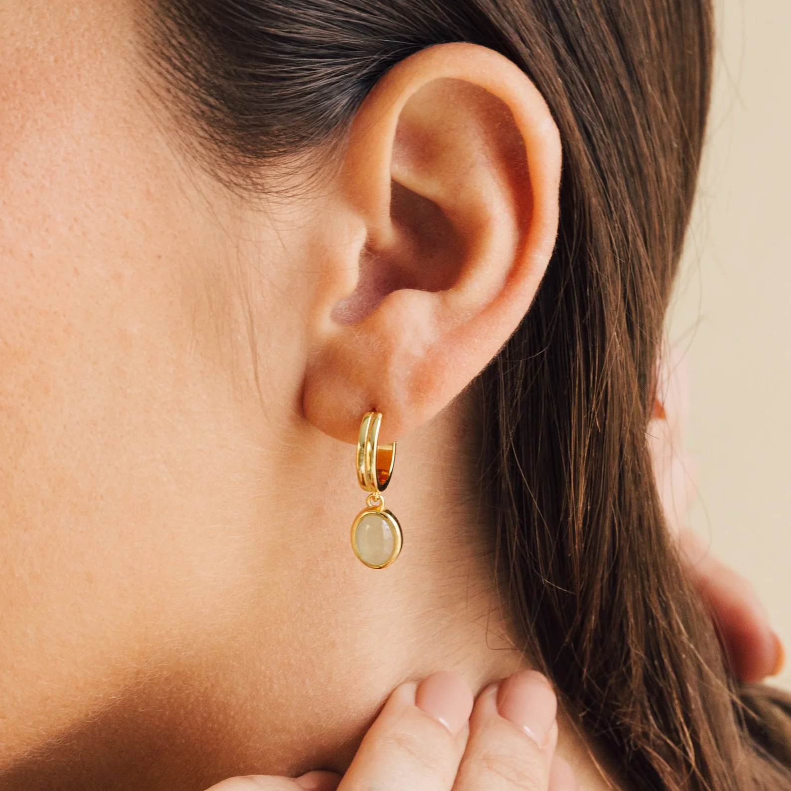 Jade Gemstone Drop Hoops in 18K Gold - Image 4