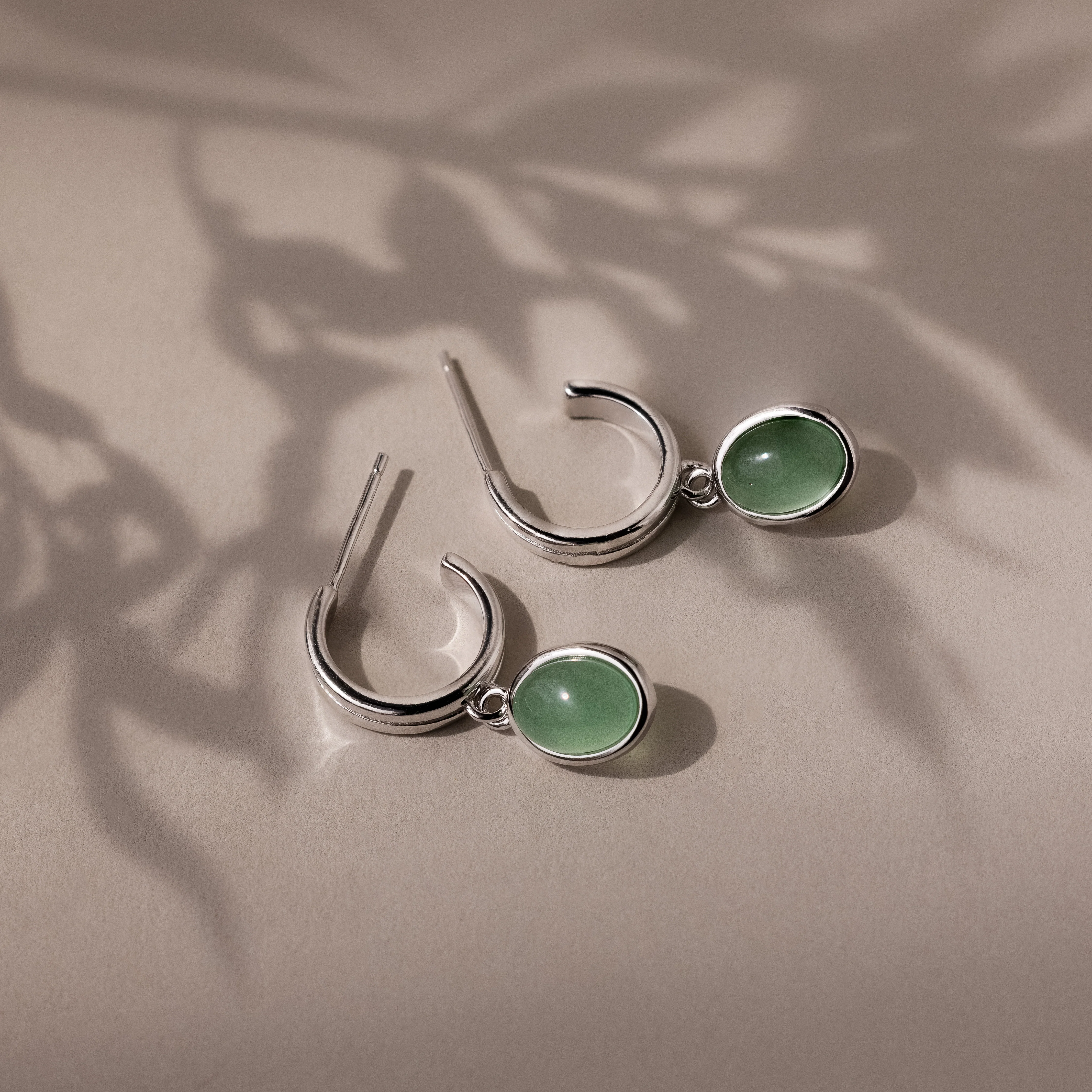 Jade Gemstone Drop Hoops in Silver