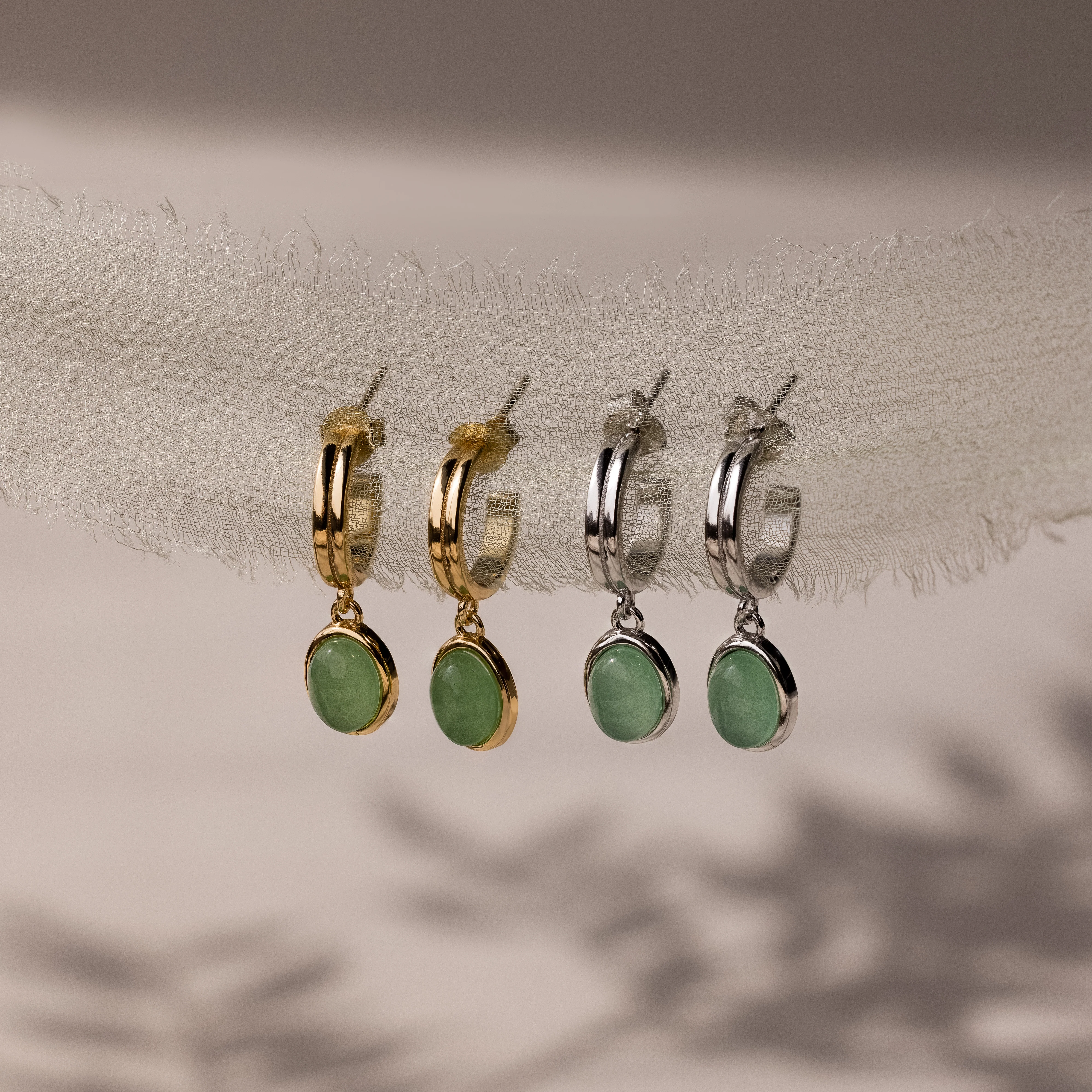 Jade Gemstone Drop Hoops in Silver - Image 6