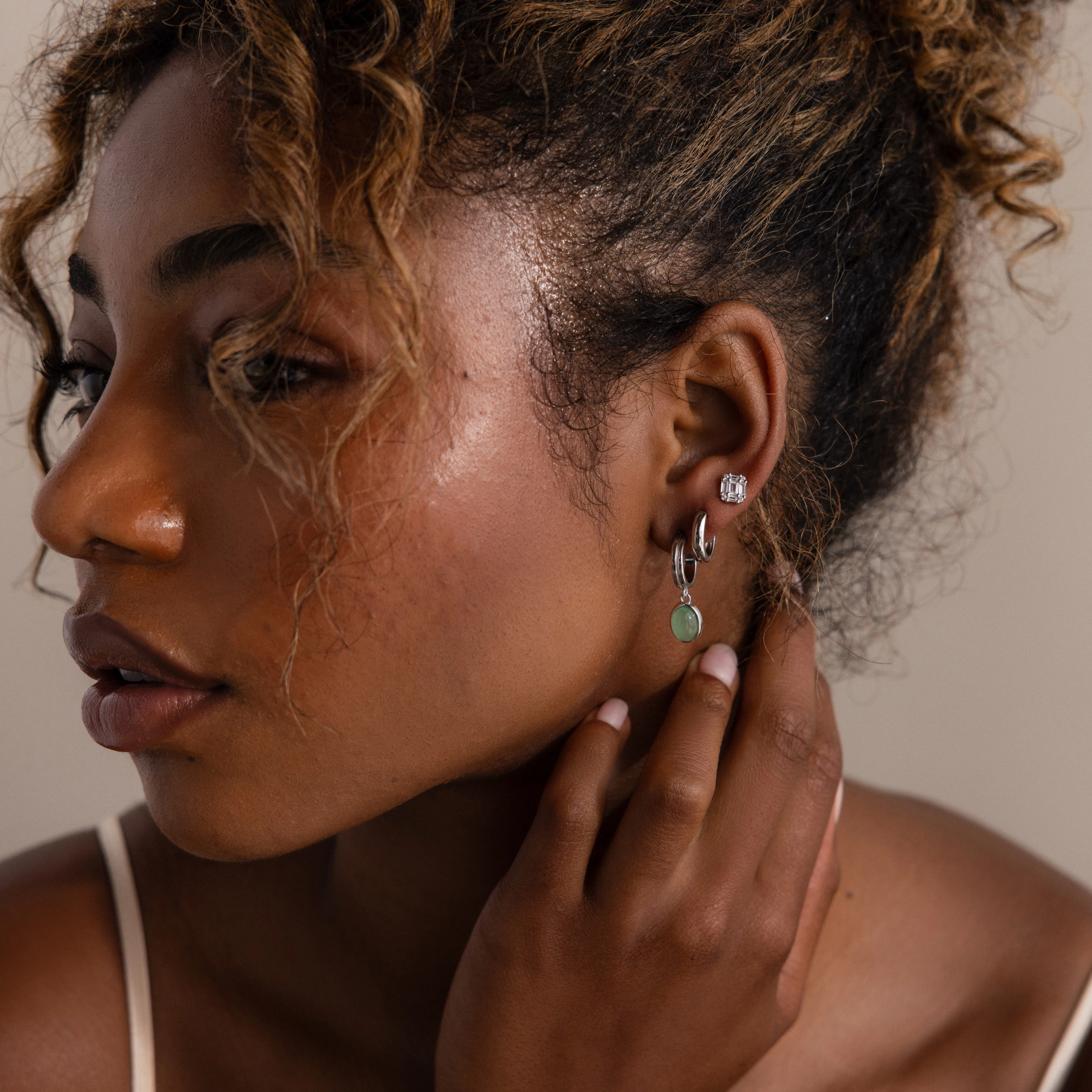 Jade Gemstone Drop Hoops in Silver - Image 7