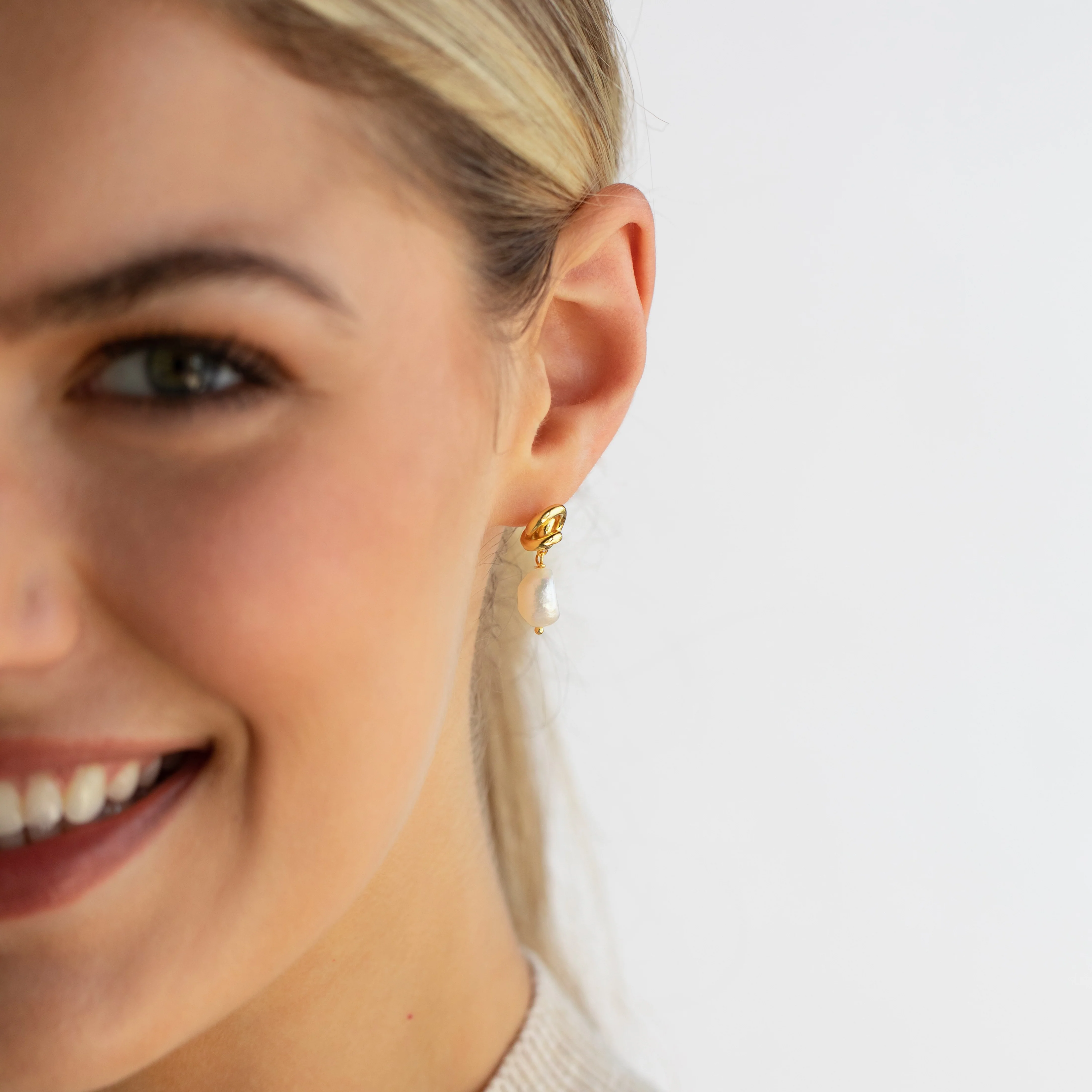 Knot Pearl Drop Earrings in 18K Gold - Image 5