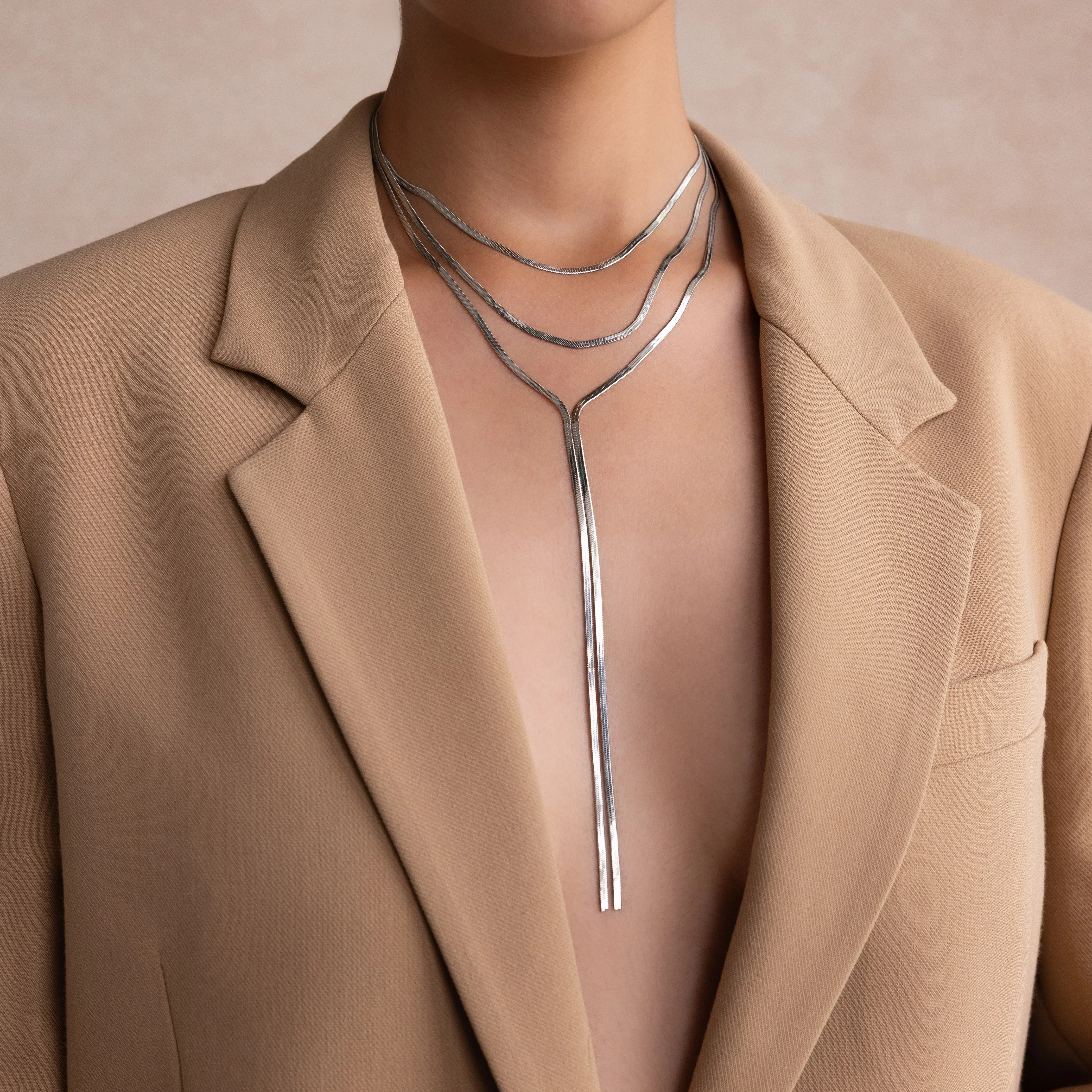 Long Y Herringbone Chain Necklace in Silver