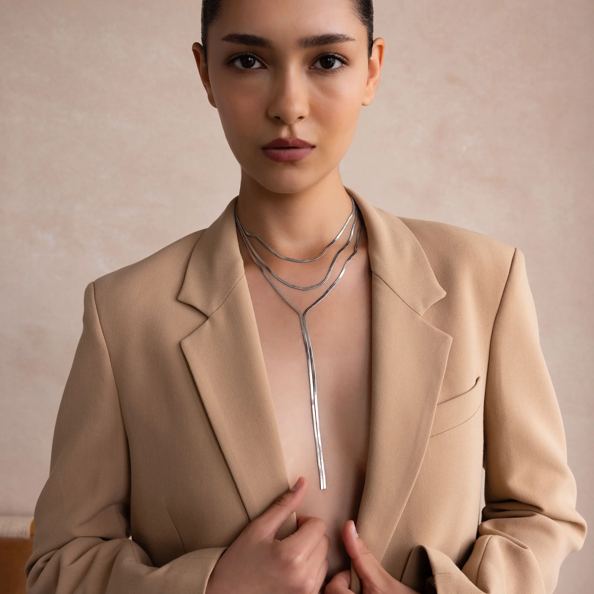 Long Y Herringbone Chain Necklace in Silver - Image 3