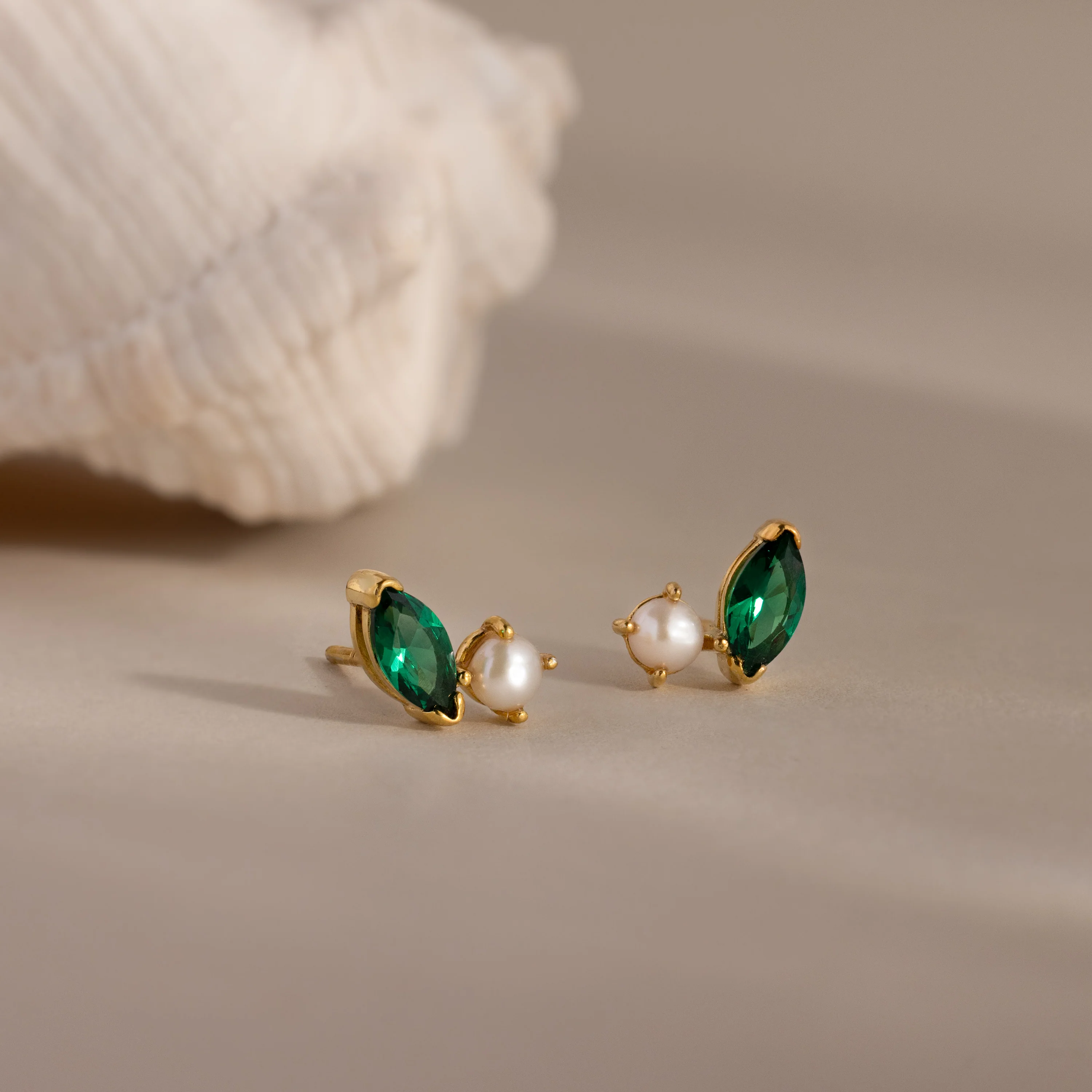 Marquise Emerald & Pearl Studs