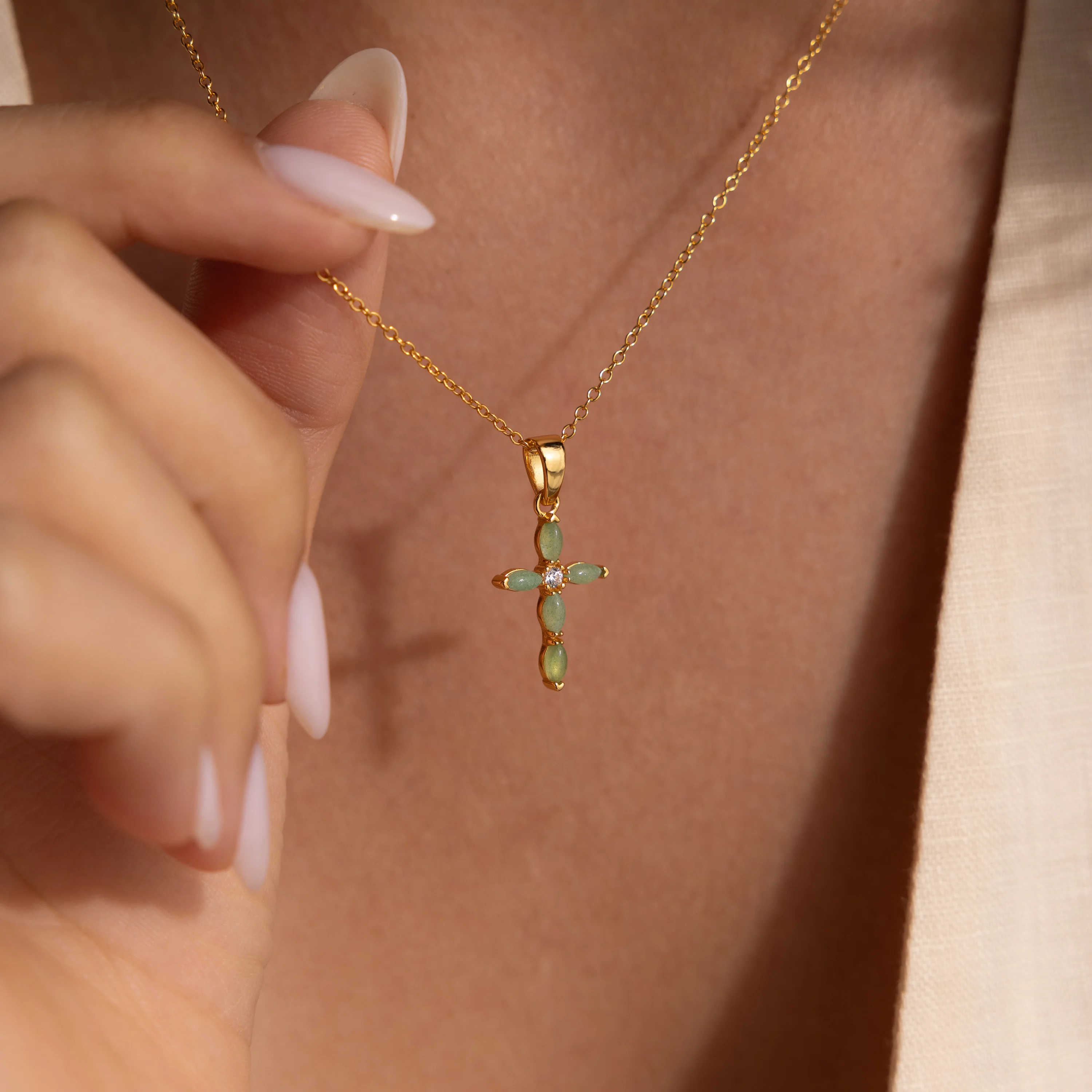 Marquise Jade Cross Necklace in 18K Gold - Image 2
