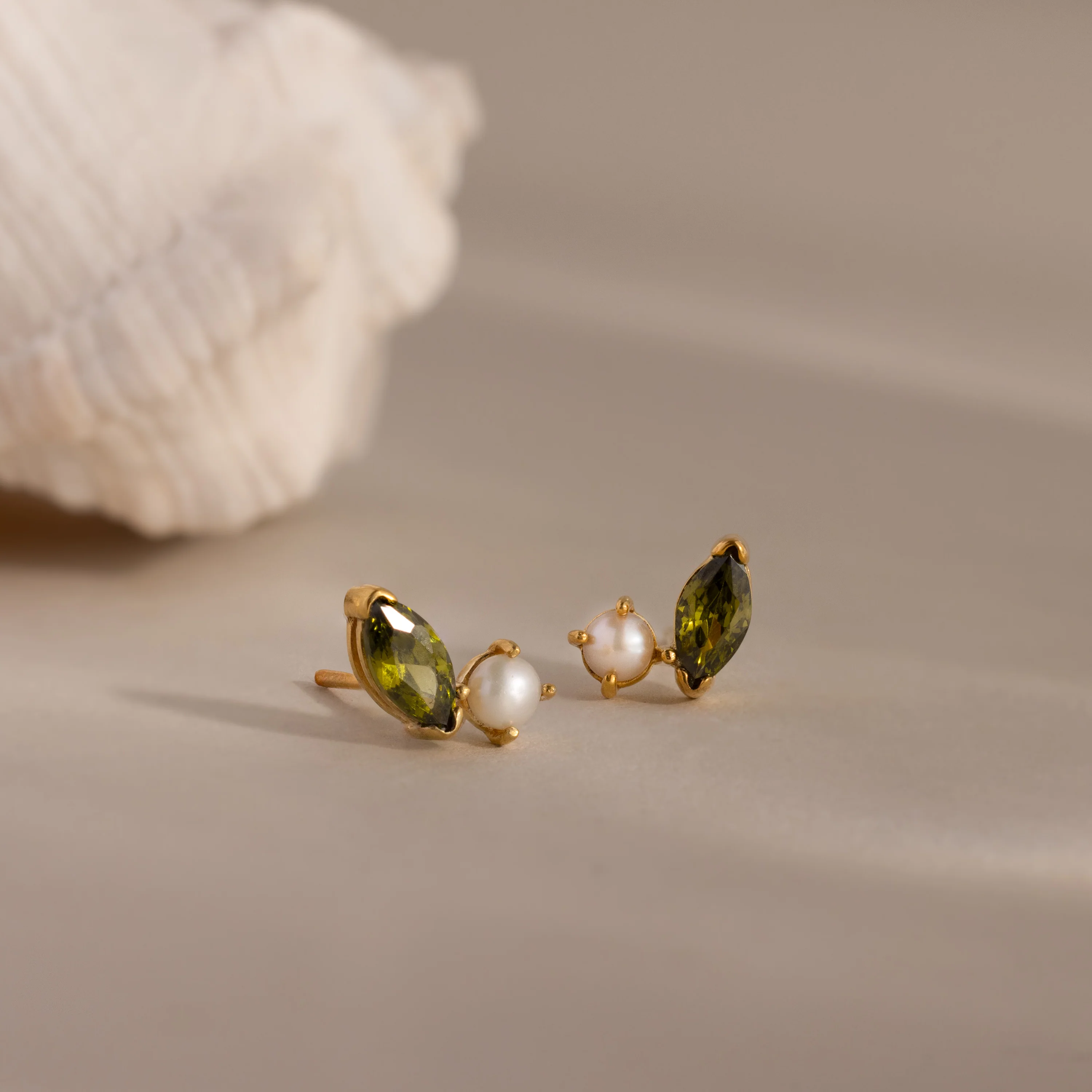 Marquise Peridot & Pearl Studs