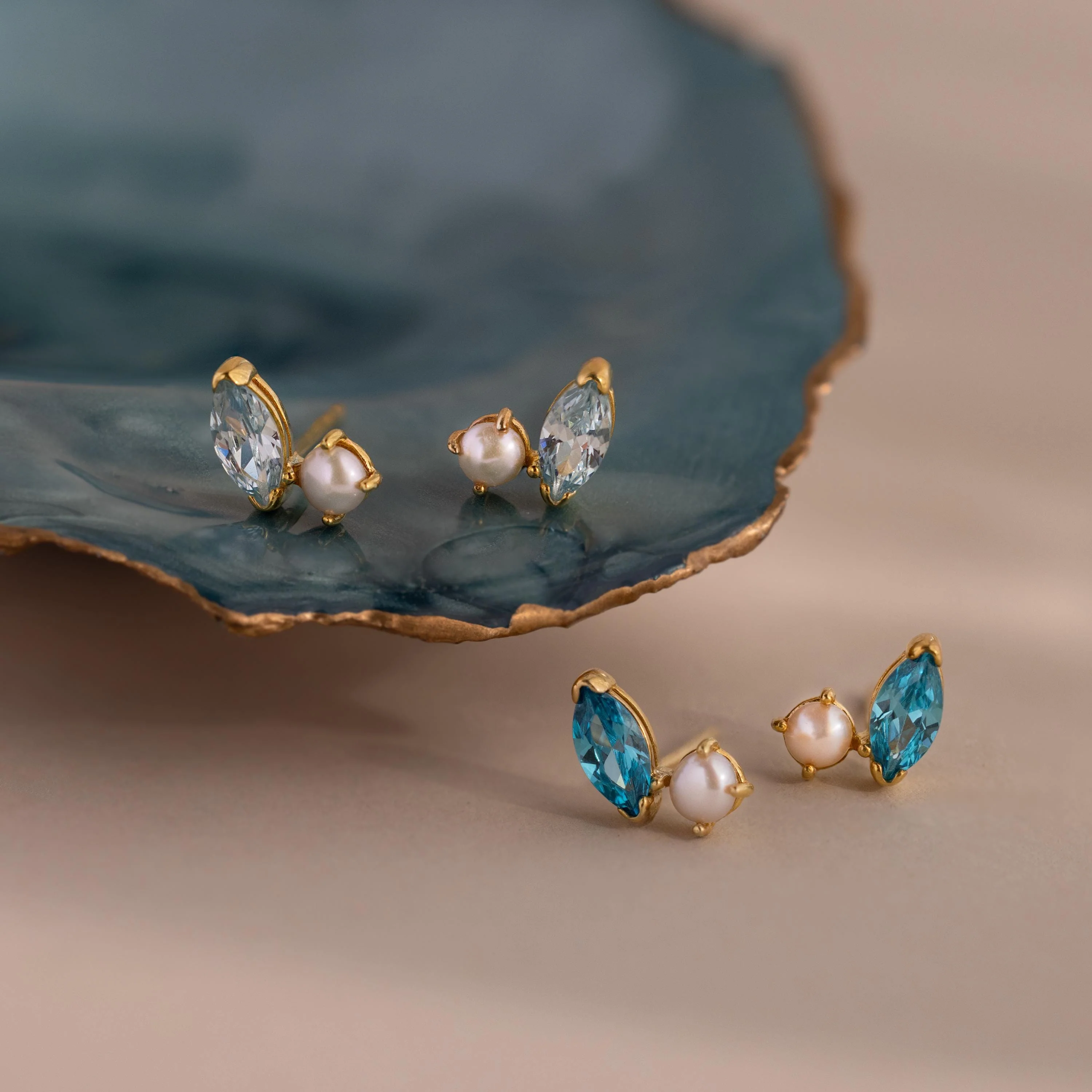 Marquise Blue Zircon & Pearl Studs - Image 3