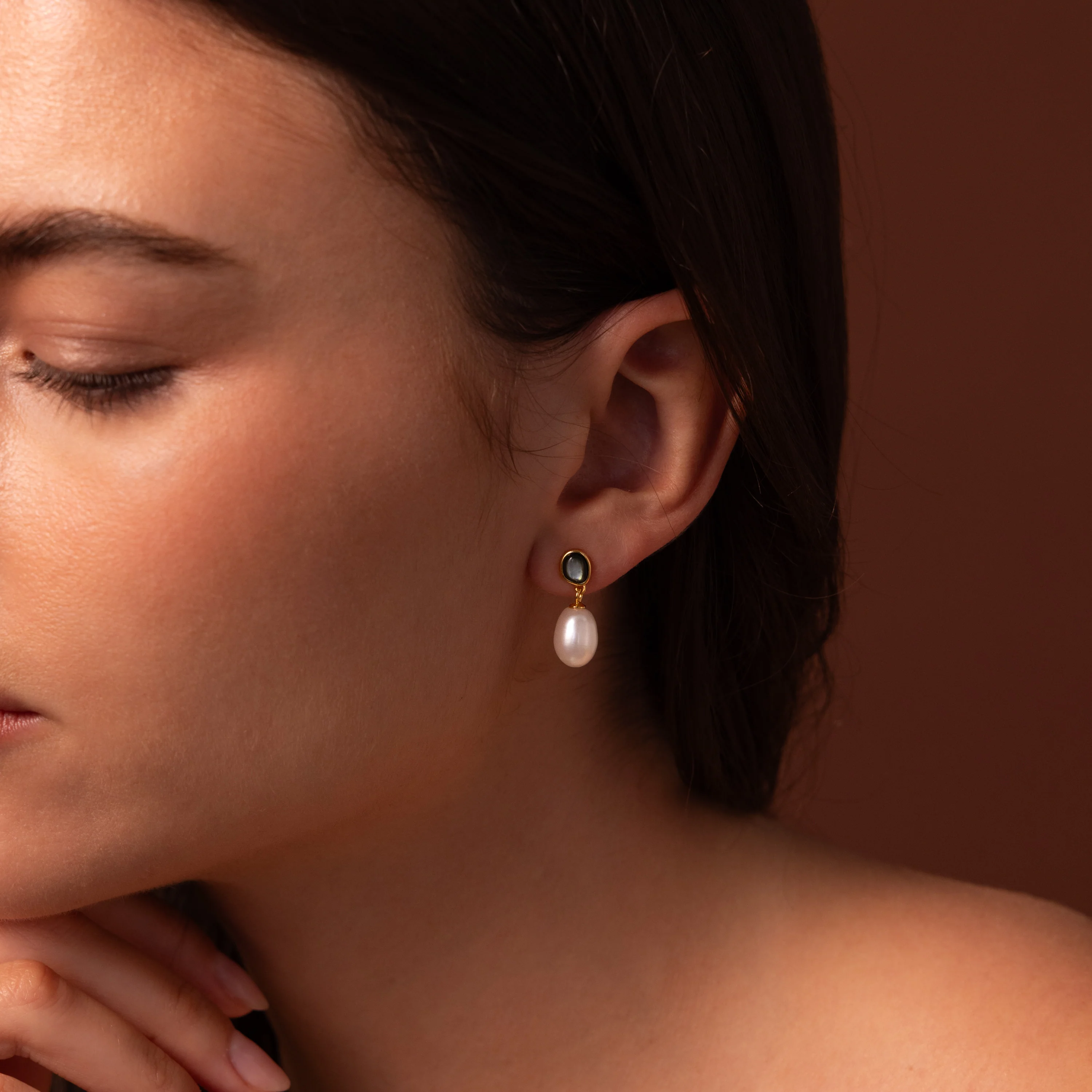 Midnight Pearl Drop Earrings in 18K Gold - Image 6